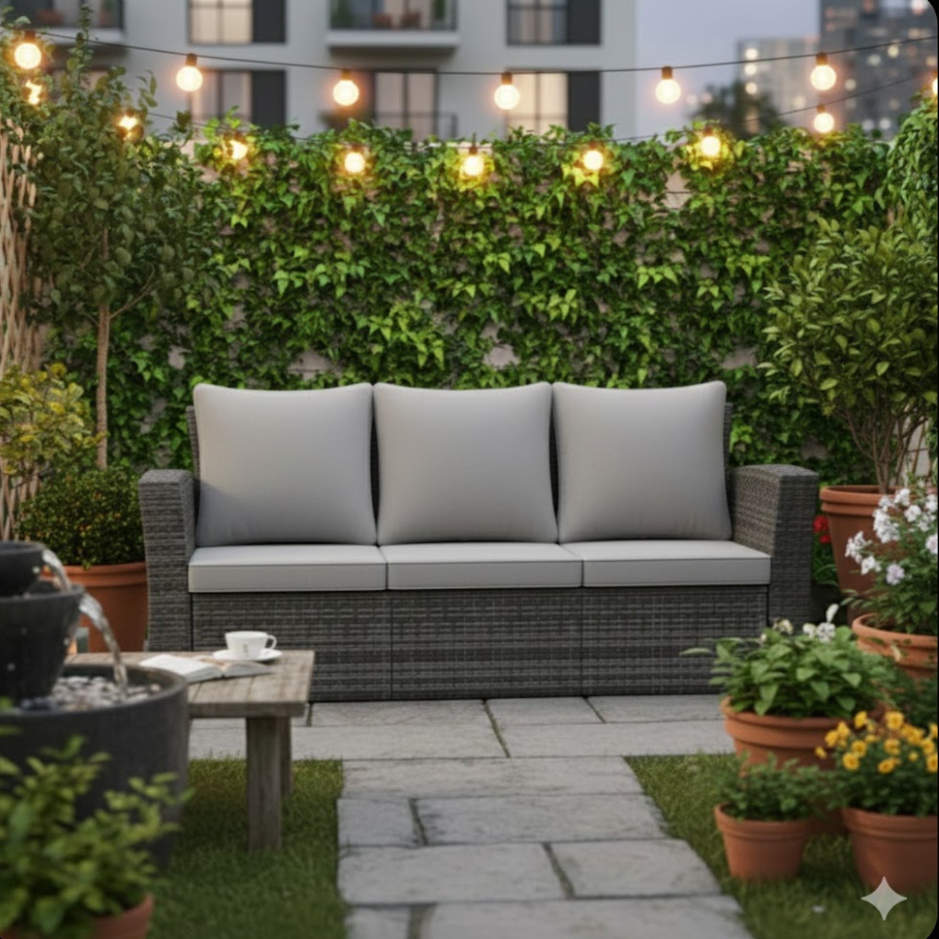 67.7" All-Weather Wicker 3-Seat Patio Sofa with Thick Gray Cushions & Black Frame