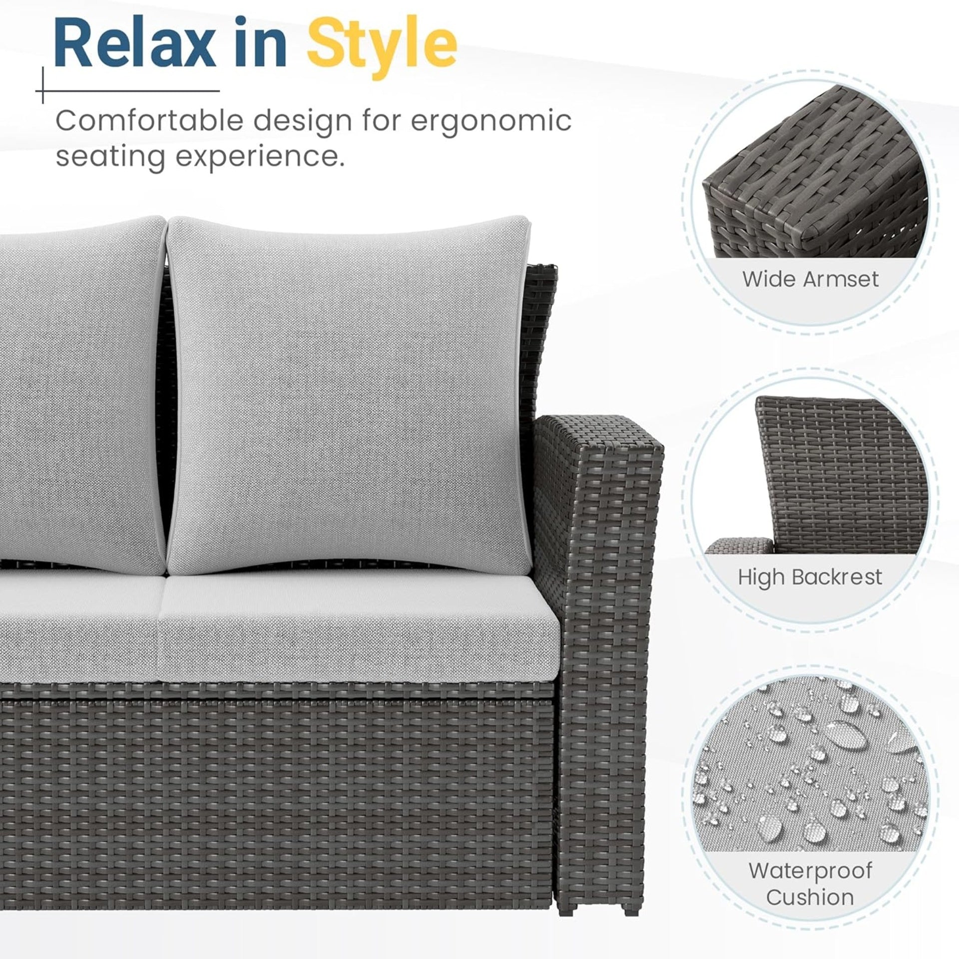67.7" All-Weather Wicker 3-Seat Patio Sofa with Thick Gray Cushions & Black Frame