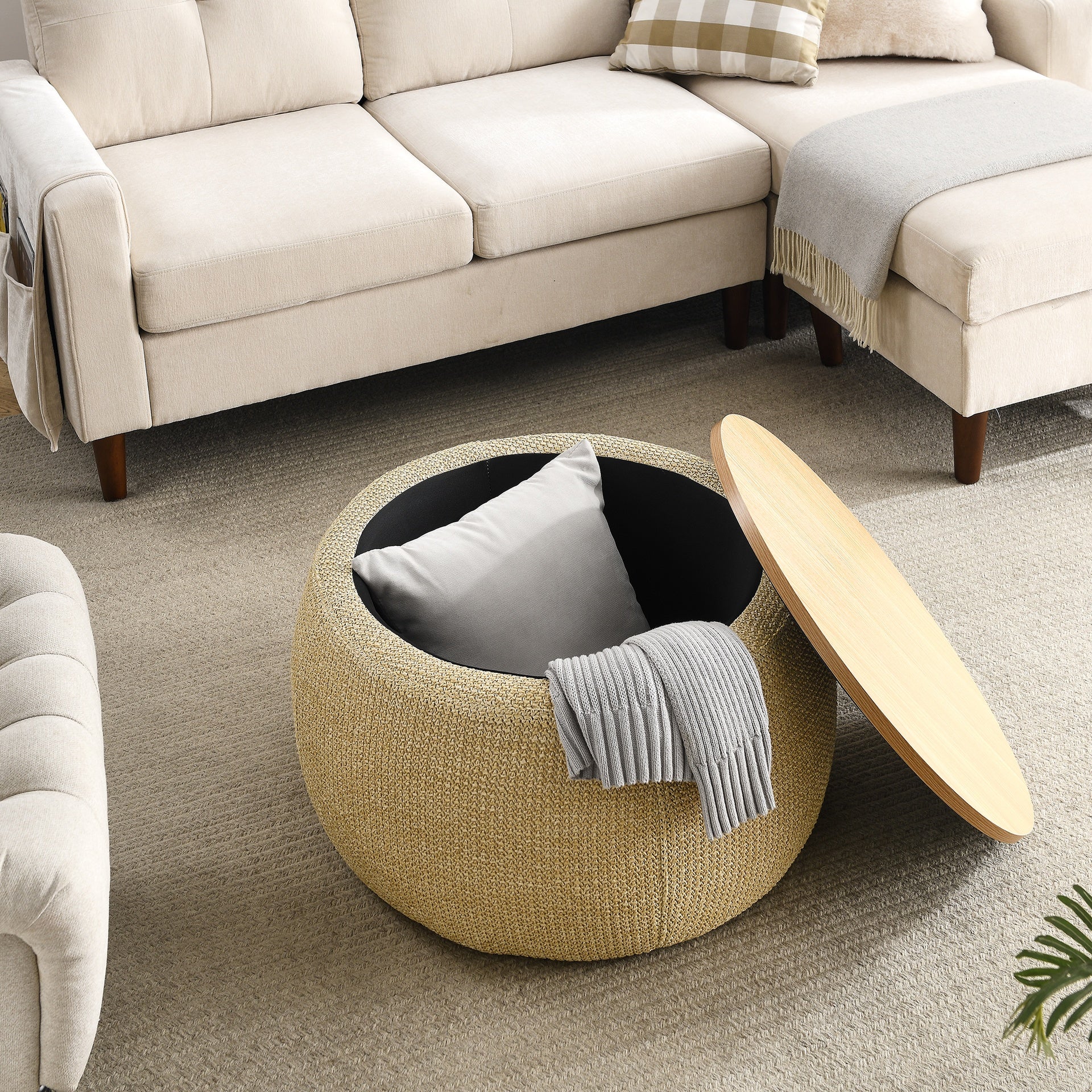 Round Storage Ottoman, 2 in 1 Function, Work as End table and Ottoman, Natural (25.5"x25.5"x14.5")