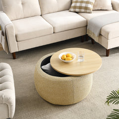 Round Storage Ottoman, 2 in 1 Function, Work as End table and Ottoman, Natural (25.5"x25.5"x14.5")