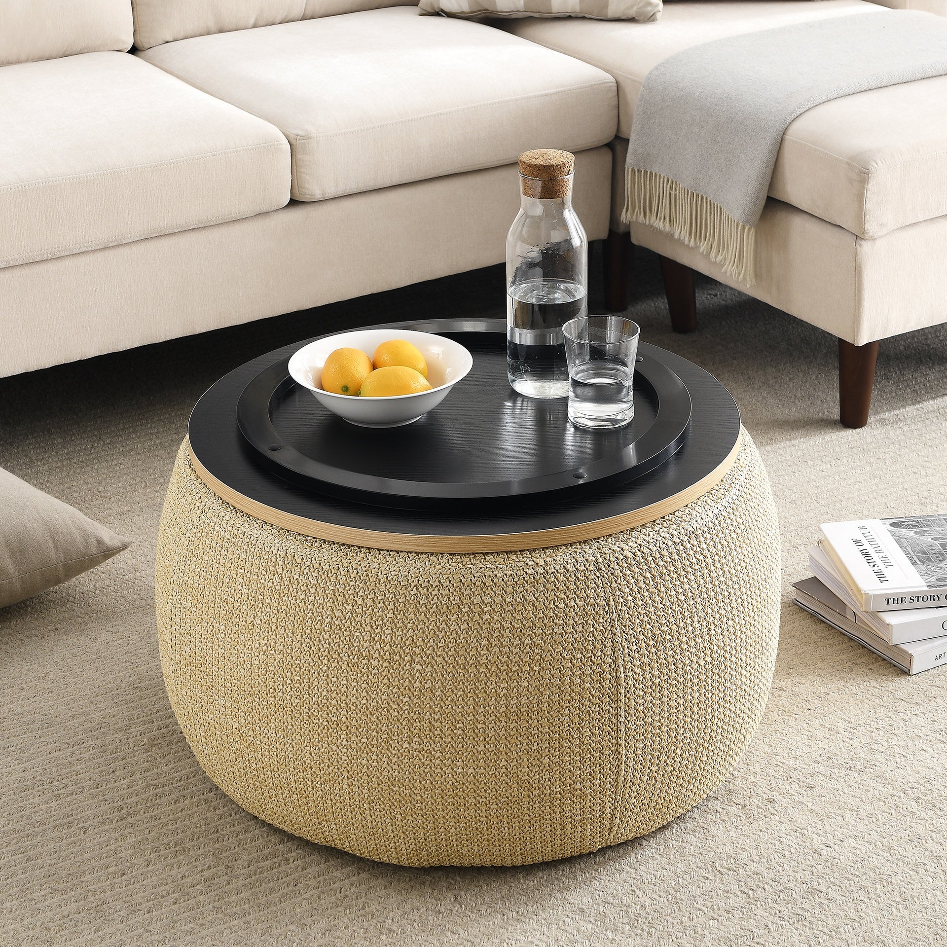 Round Storage Ottoman, 2 in 1 Function, Work as End table and Ottoman, Natural (25.5"x25.5"x14.5")