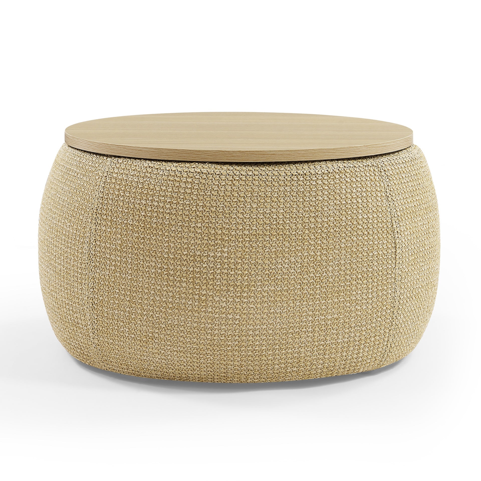 Round Storage Ottoman, 2 in 1 Function, Work as End table and Ottoman, Natural (25.5"x25.5"x14.5")