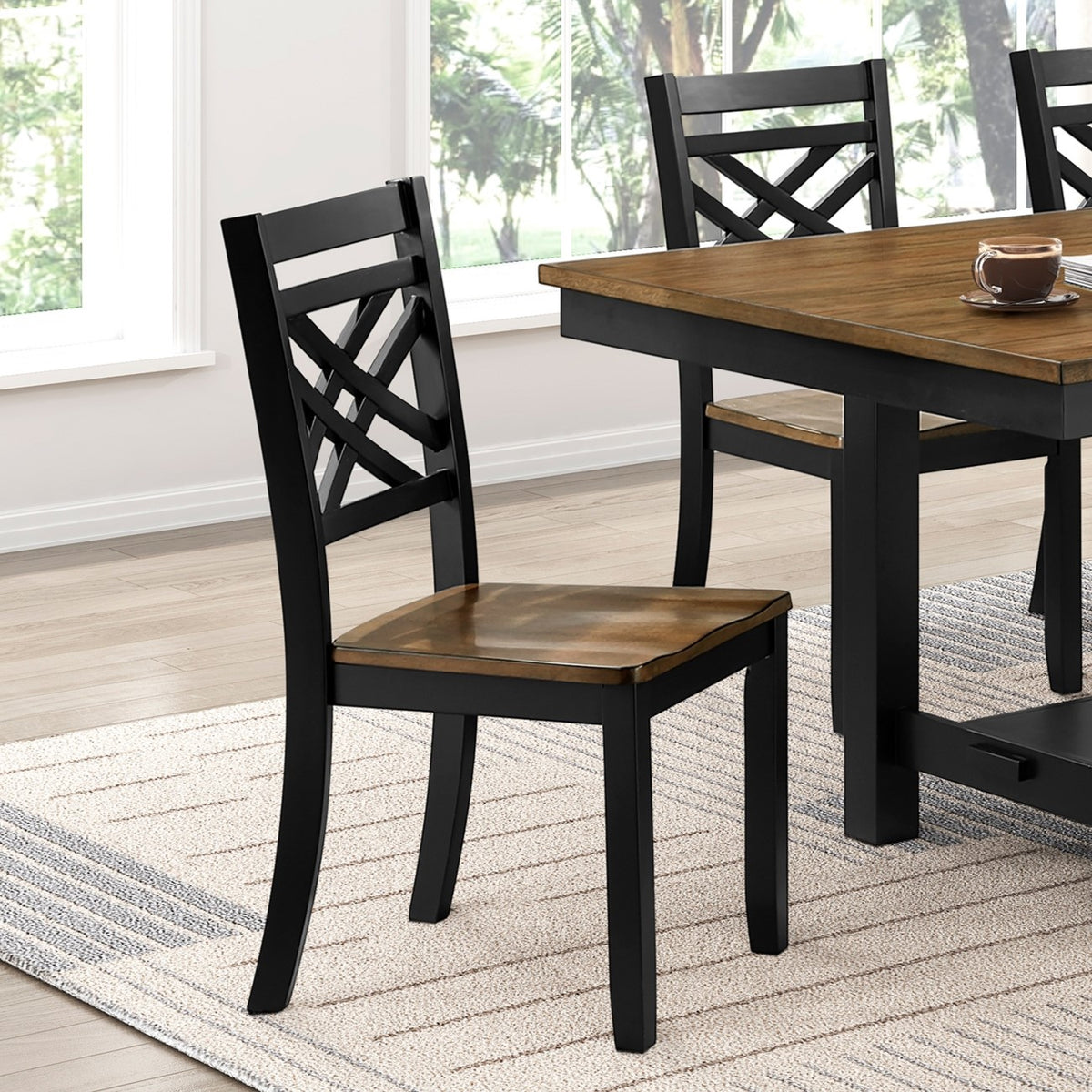 2-Tone Black Brown Finish Dining Chairs Set of 2 Modern Farmhouse Wooden Furniture
