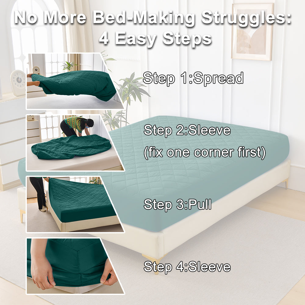 Diamond-patterned ultrasonic waterproof quilted fitted sheet, green, Queen size