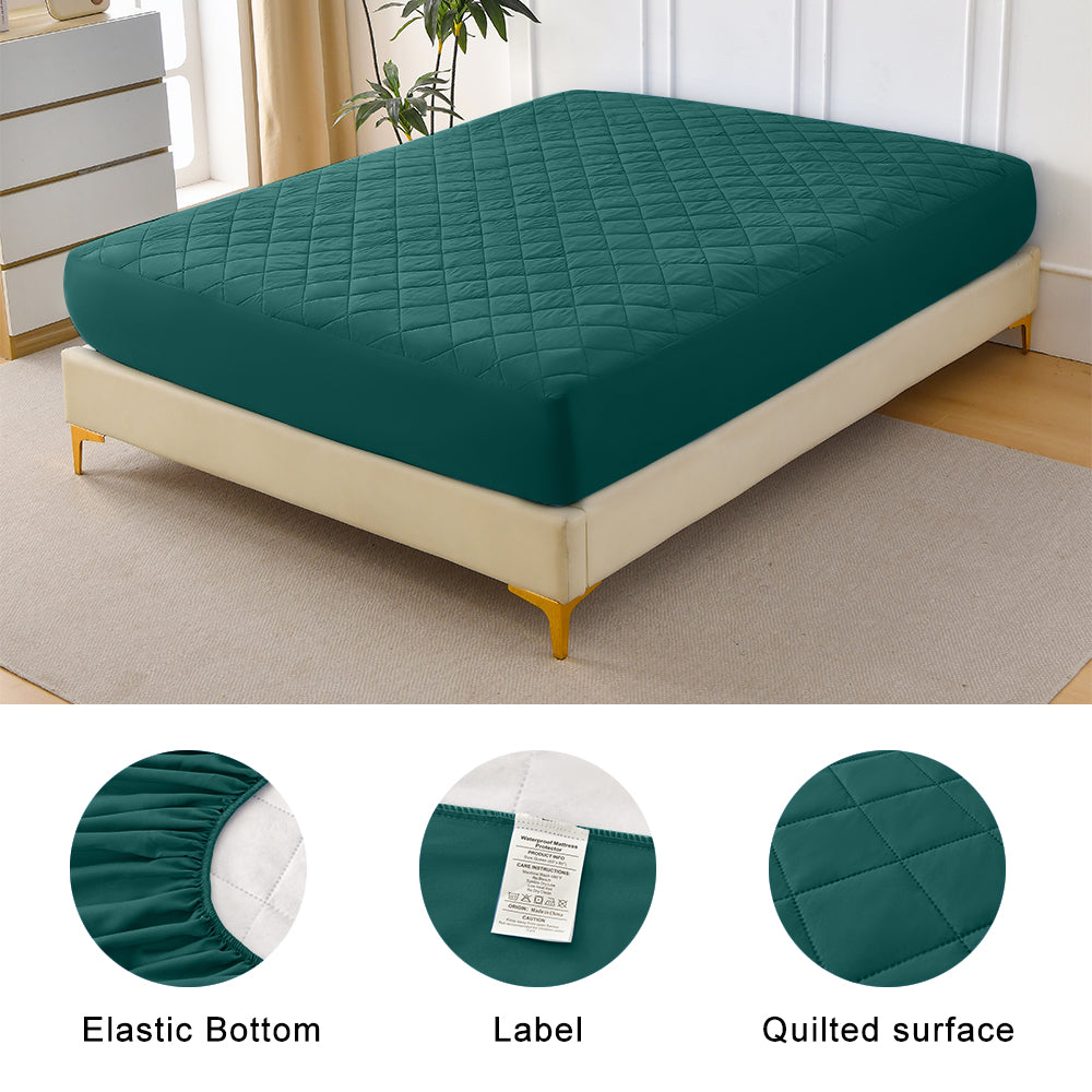 Diamond-patterned ultrasonic waterproof quilted fitted sheet, green, Queen size