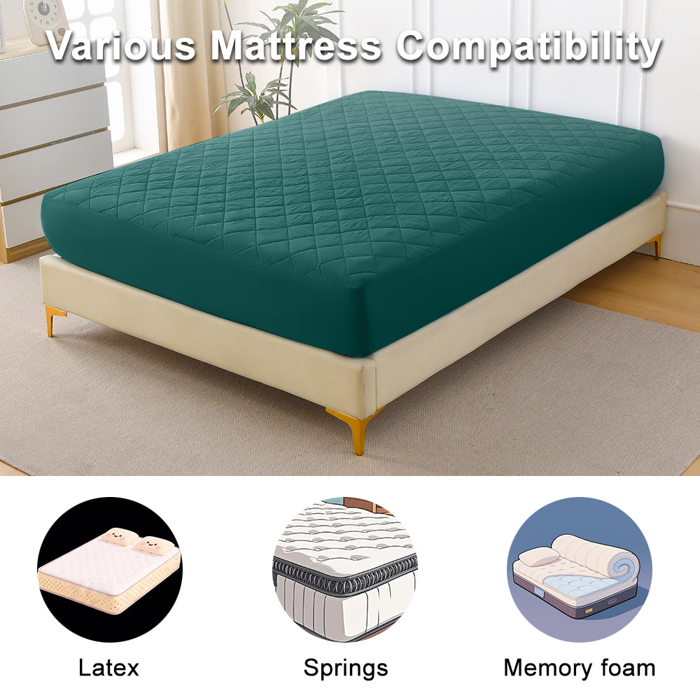 Diamond-patterned ultrasonic waterproof quilted fitted sheet, green, Queen size