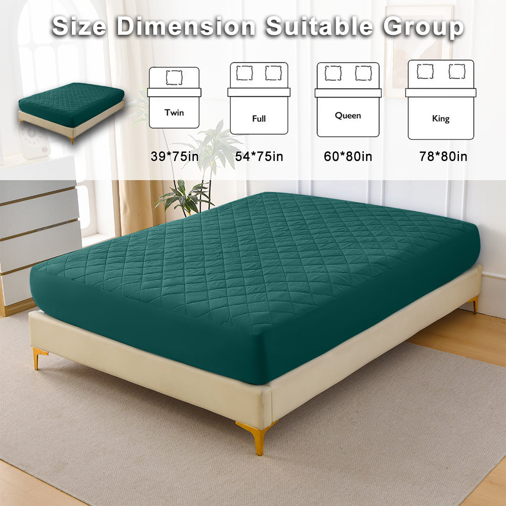 Diamond-patterned ultrasonic waterproof quilted fitted sheet, green, Queen size