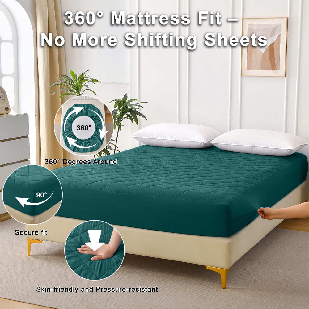 Diamond-patterned ultrasonic waterproof quilted fitted sheet, green, Queen size