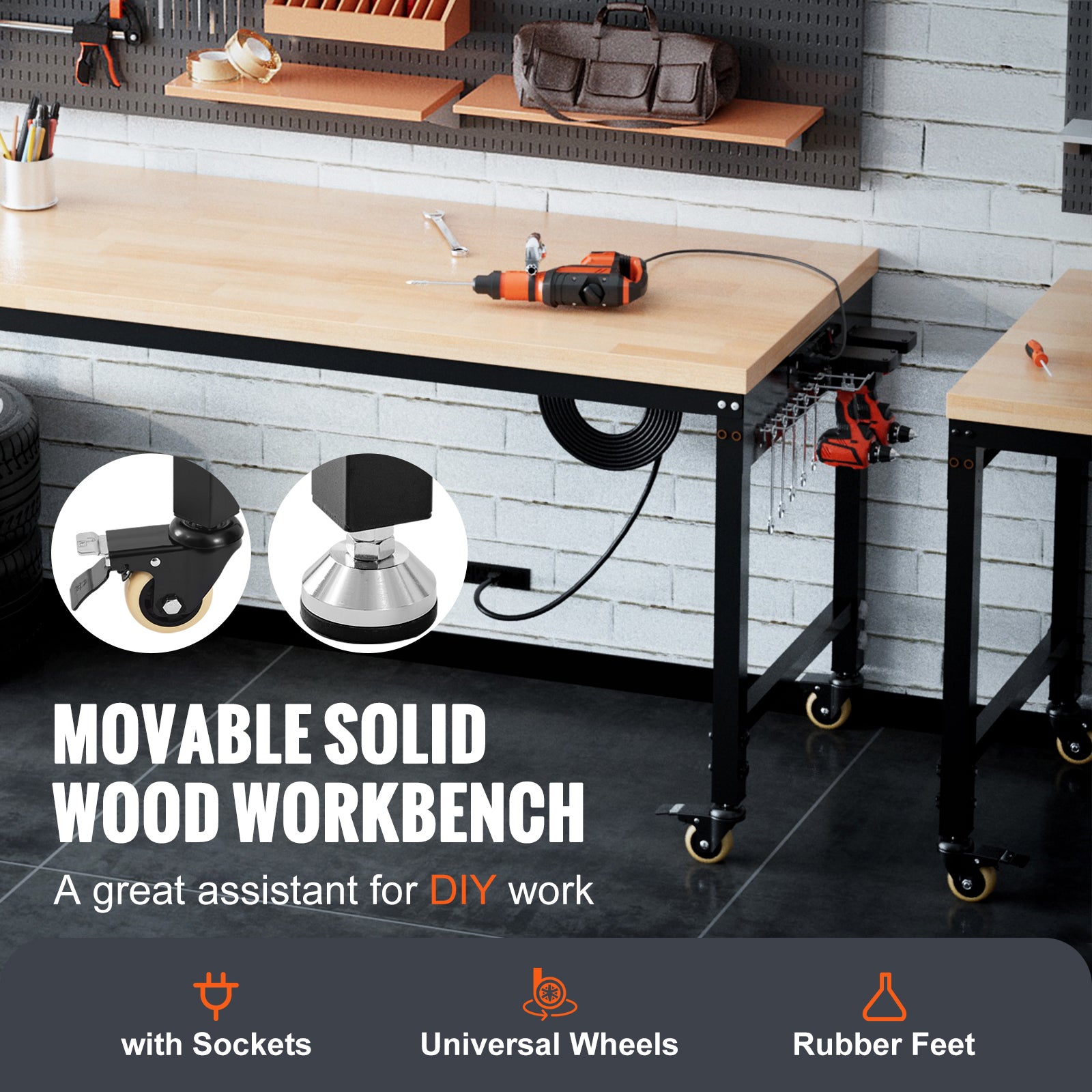 Adjustable Workbench, 72" L X 25" W Garage Worktable with Universal Wheels, 28-39.5" Heights & 3000 LBS Load Capacity, with Power Outlets & Hardwood Top & Storage & Foot Pads, for Office Home