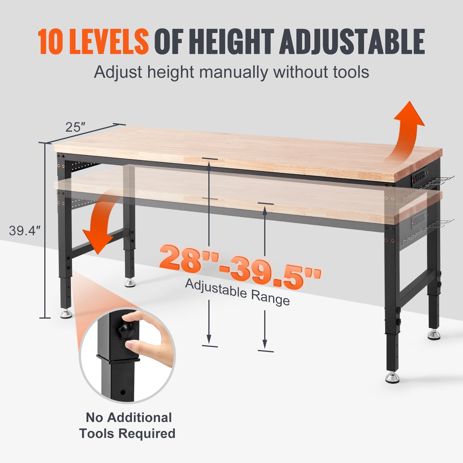 Adjustable Workbench, 72" L X 25" W Garage Worktable with Universal Wheels, 28-39.5" Heights & 3000 LBS Load Capacity, with Power Outlets & Hardwood Top & Storage & Foot Pads, for Office Home
