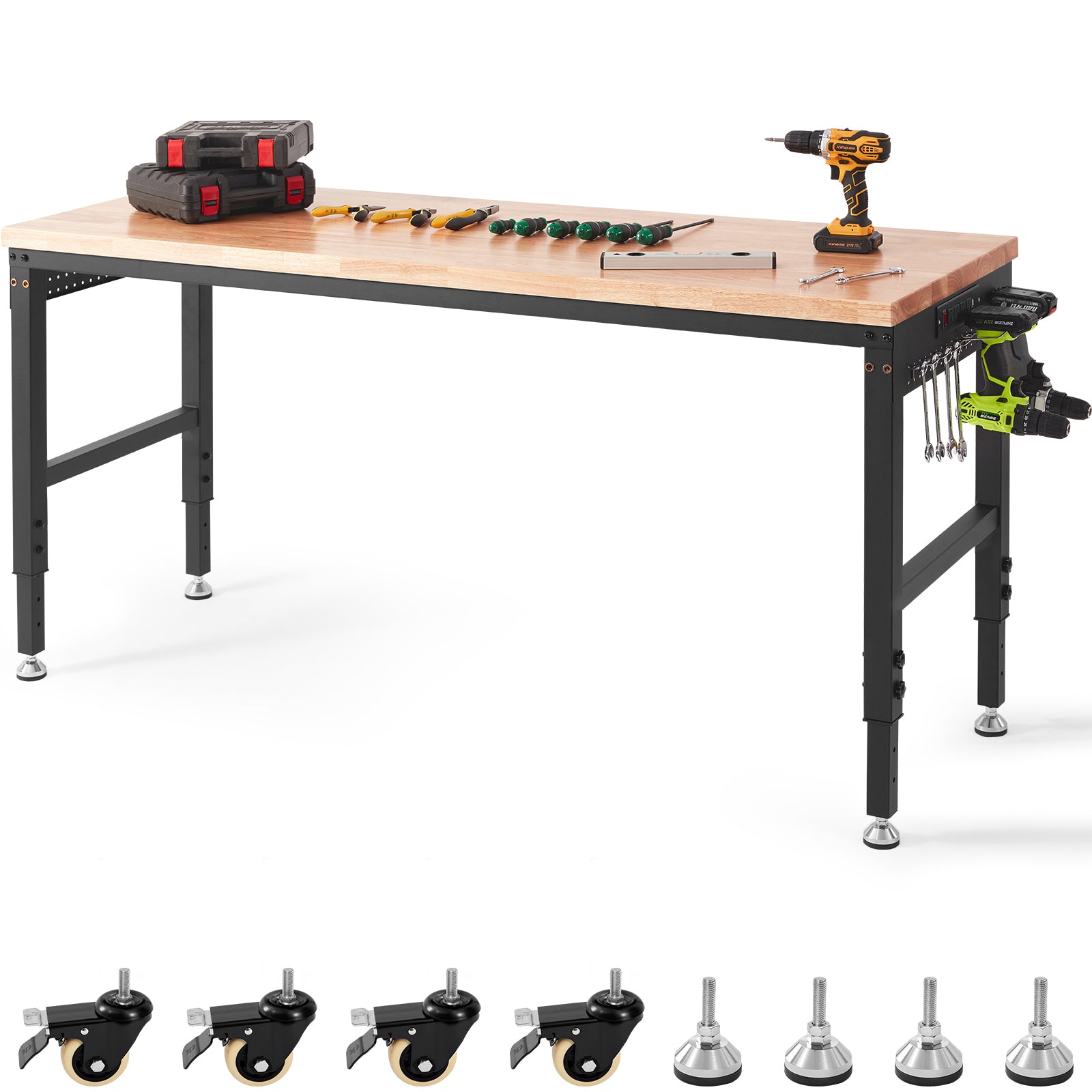 Adjustable Workbench, 72" L X 25" W Garage Worktable with Universal Wheels, 28-39.5" Heights & 3000 LBS Load Capacity, with Power Outlets & Hardwood Top & Storage & Foot Pads, for Office Home
