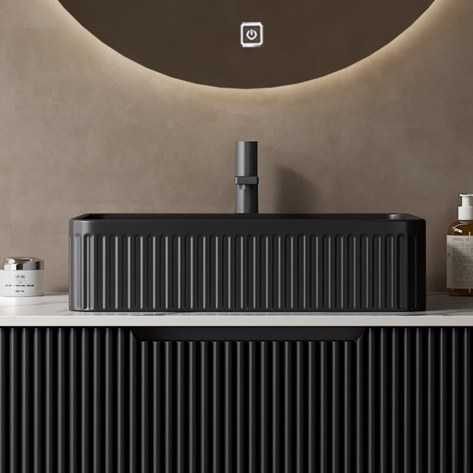 20'' Bathroom Sink, Rectangular Striped Vessel Ceramic Basin without Faucet, NO Cabinet, Black