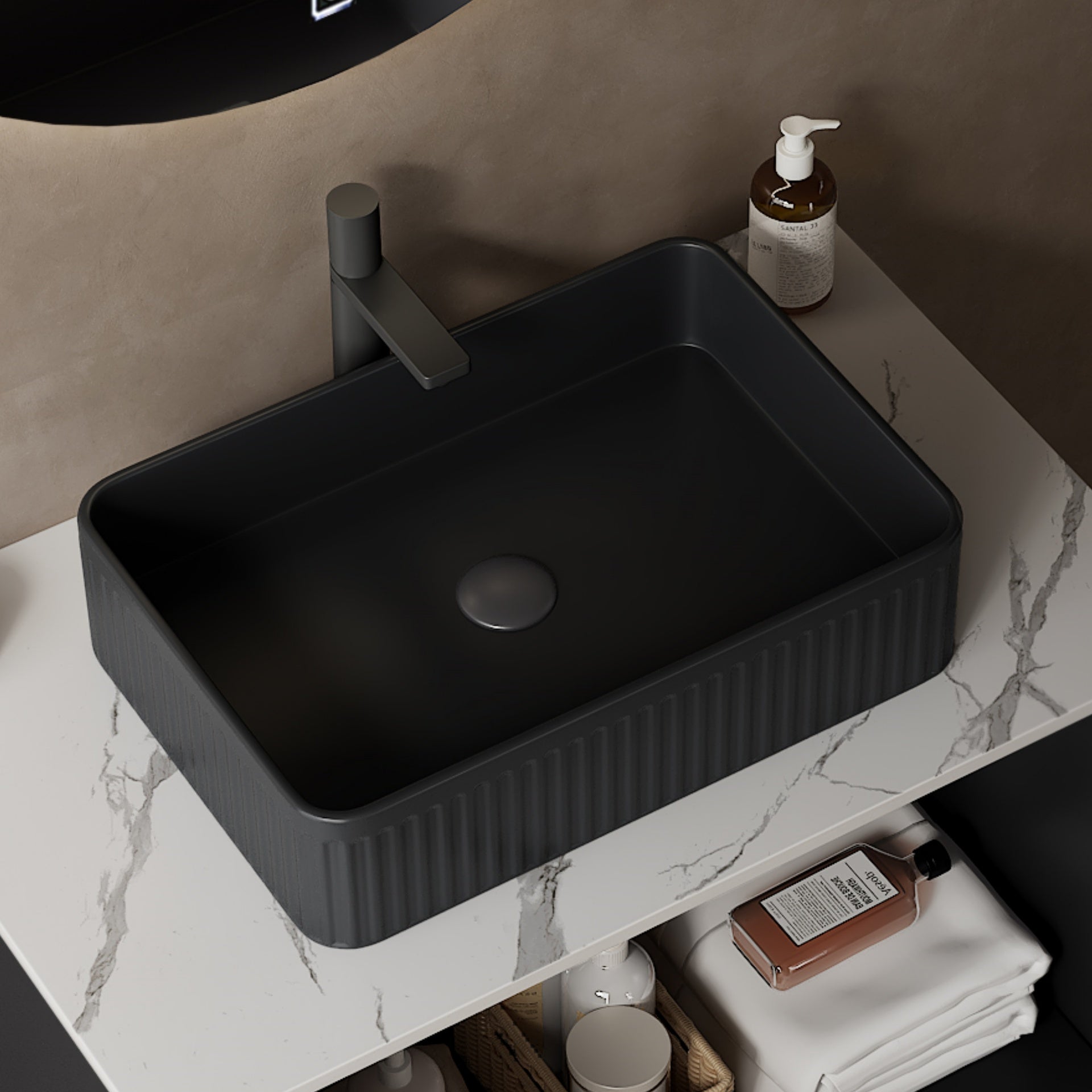 20'' Bathroom Sink, Rectangular Striped Vessel Ceramic Basin without Faucet, NO Cabinet, Black