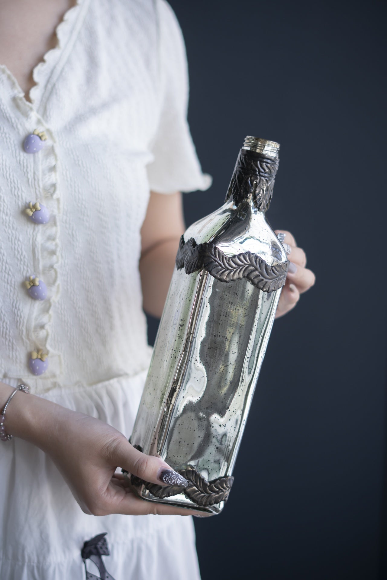 D3x12" Antique Silver Decorative Glass Bottle Vase with Bronze Leaf Accents