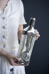 D3x12" Antique Silver Decorative Glass Bottle Vase with Bronze Leaf Accents