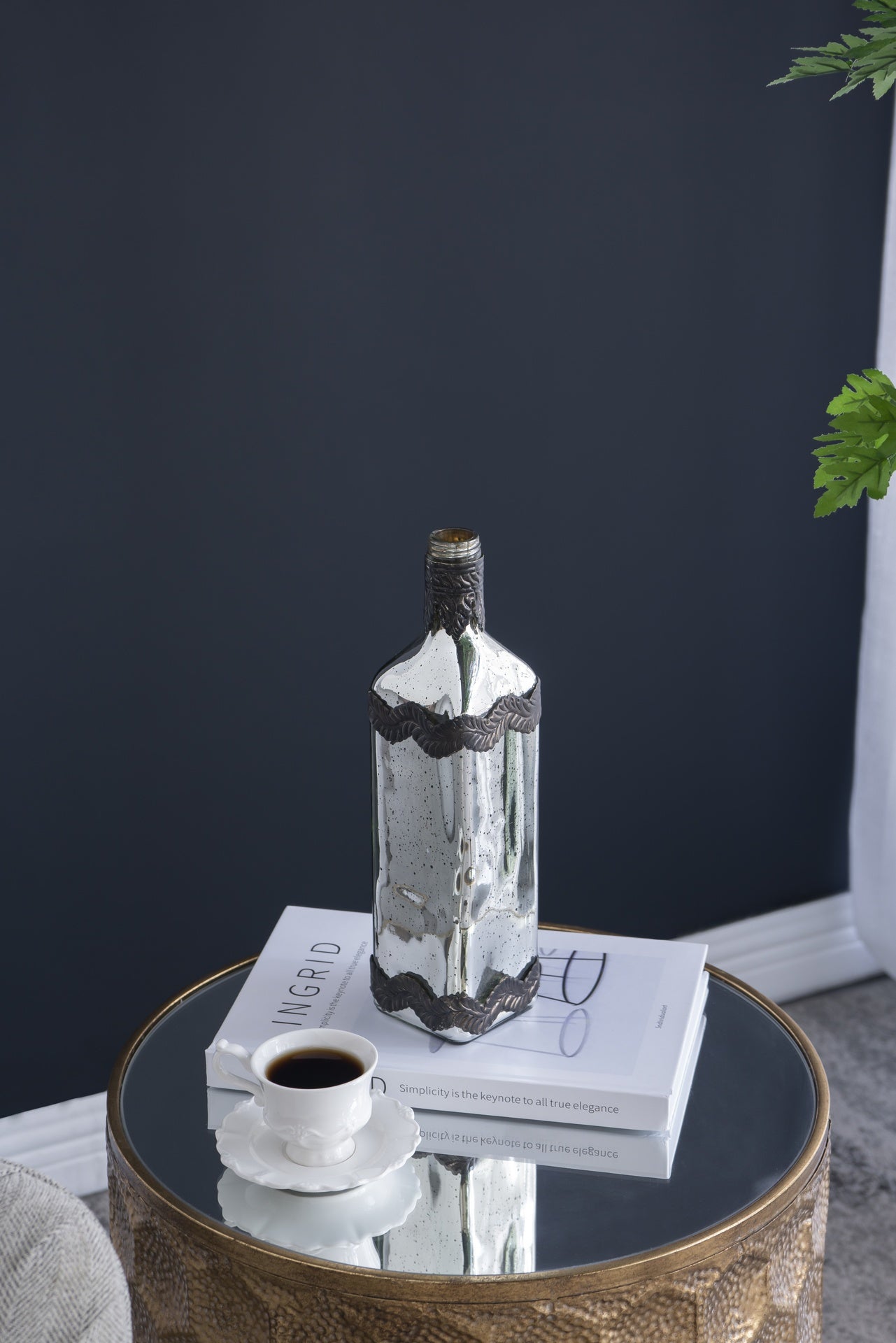 D3x12" Antique Silver Decorative Glass Bottle Vase with Bronze Leaf Accents