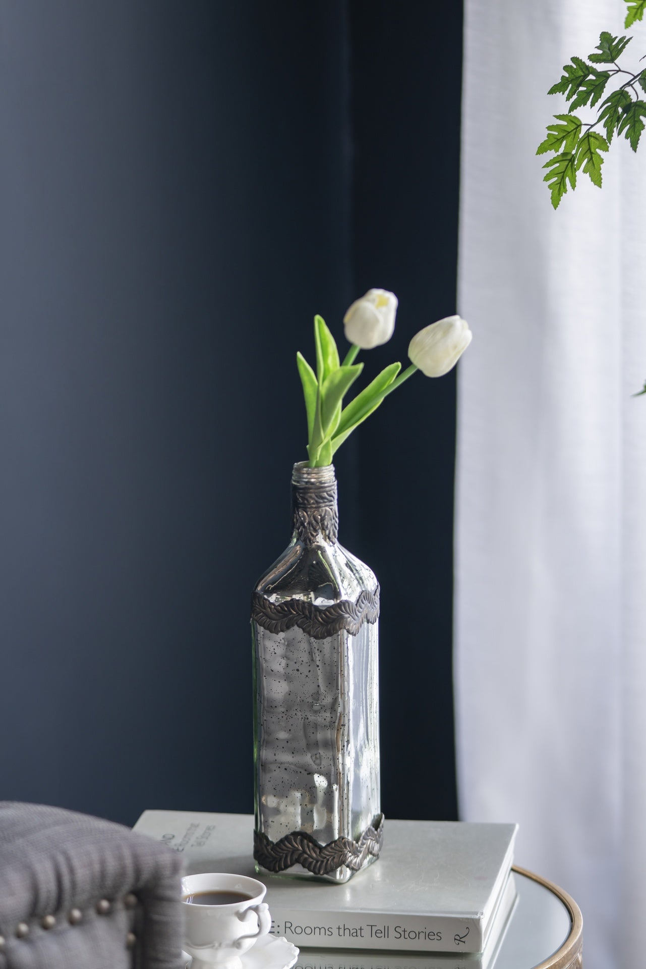 D3x12" Antique Silver Decorative Glass Bottle Vase with Bronze Leaf Accents