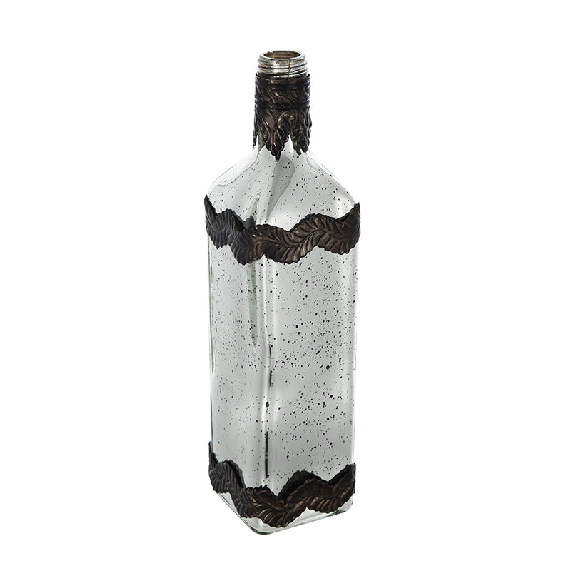 D3x12" Antique Silver Decorative Glass Bottle Vase with Bronze Leaf Accents