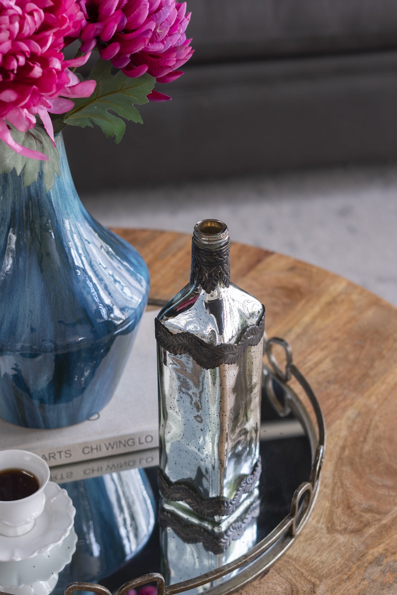 D3x12" Antique Silver Decorative Glass Bottle Vase with Bronze Leaf Accents