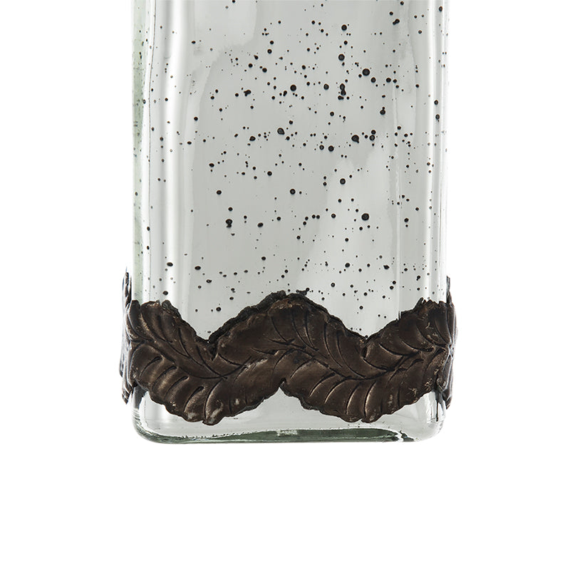 D3x12" Antique Silver Decorative Glass Bottle Vase with Bronze Leaf Accents
