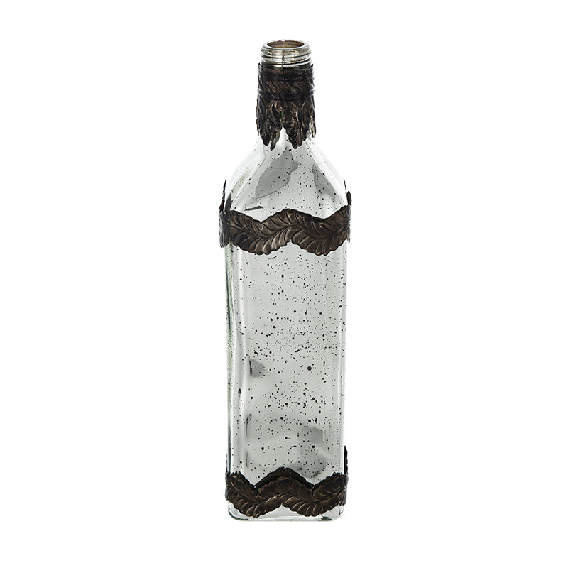 D3x12" Antique Silver Decorative Glass Bottle Vase with Bronze Leaf Accents