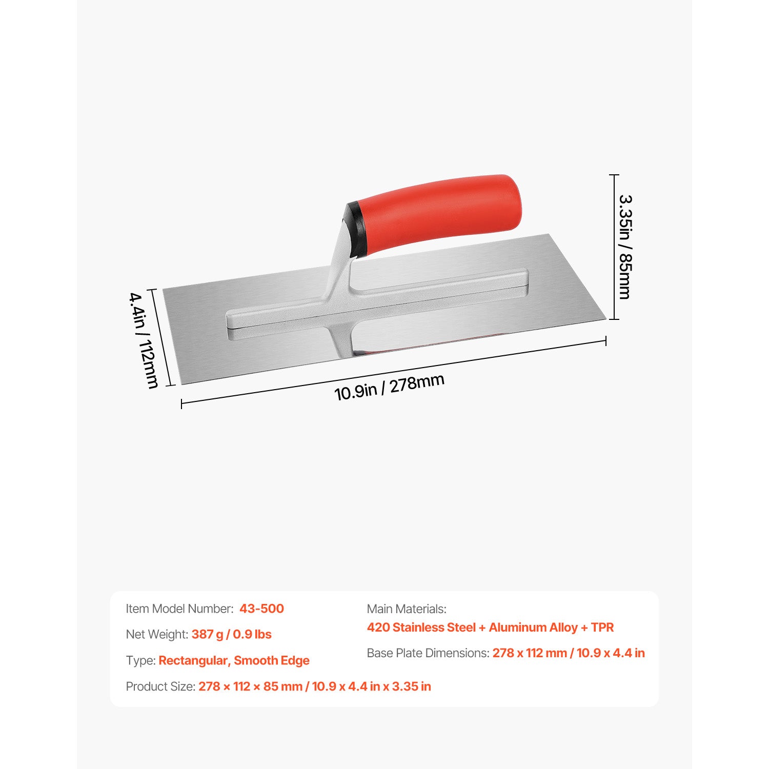 Tile Tools Stainless Steel Flat Finishing Trowel 10.9x4.4in Concrete
