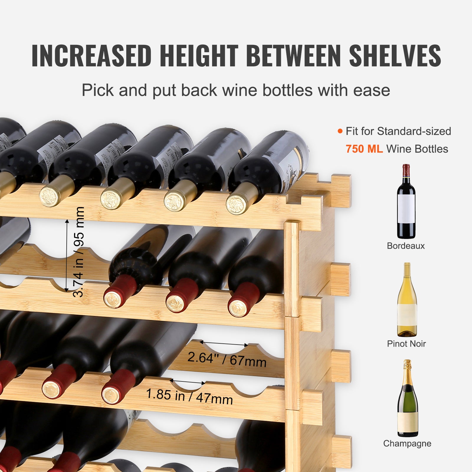 48 Bottle Stackable Modular Wine Rack Bamboo Wood Display Shelf 6-Tier