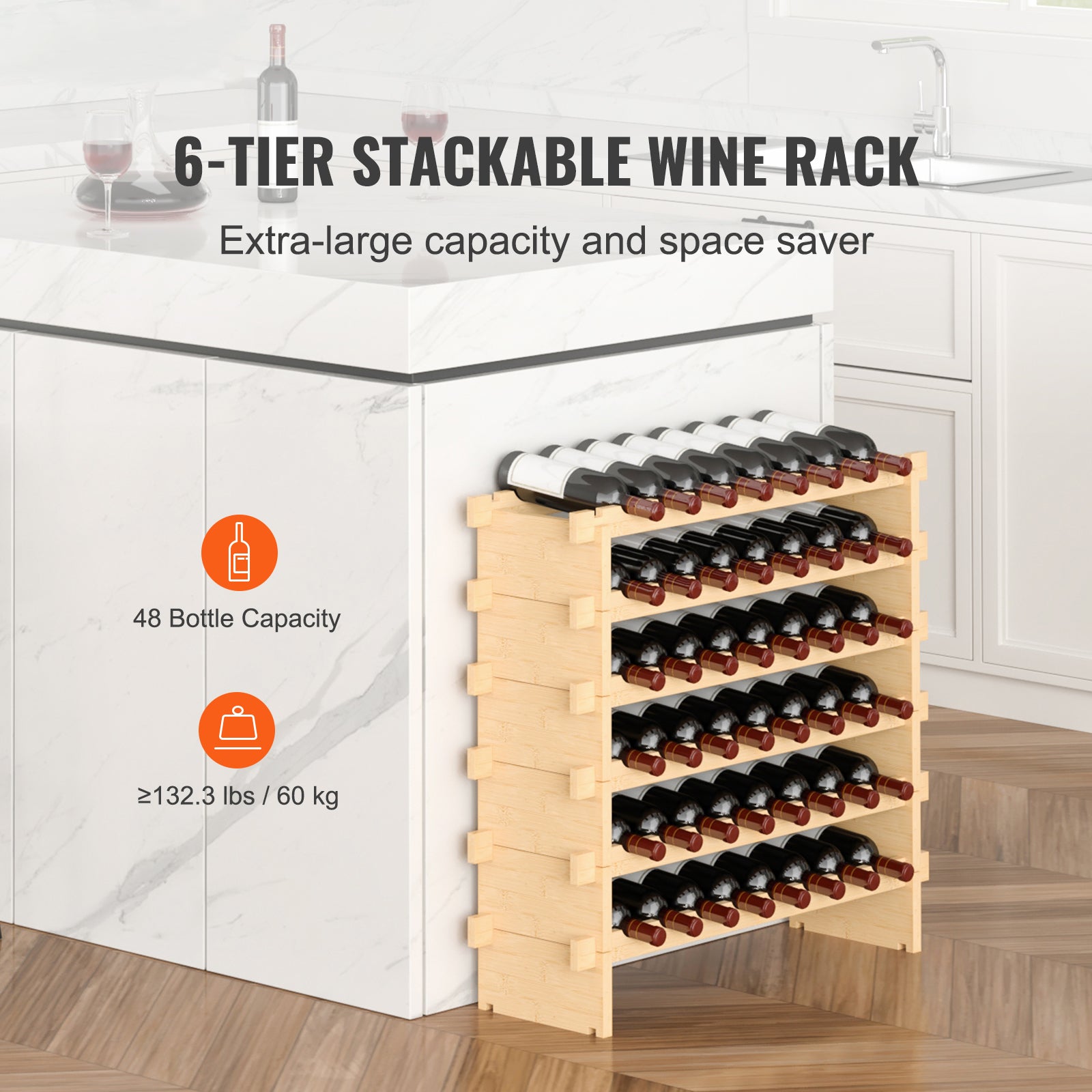 48 Bottle Stackable Modular Wine Rack Bamboo Wood Display Shelf 6-Tier
