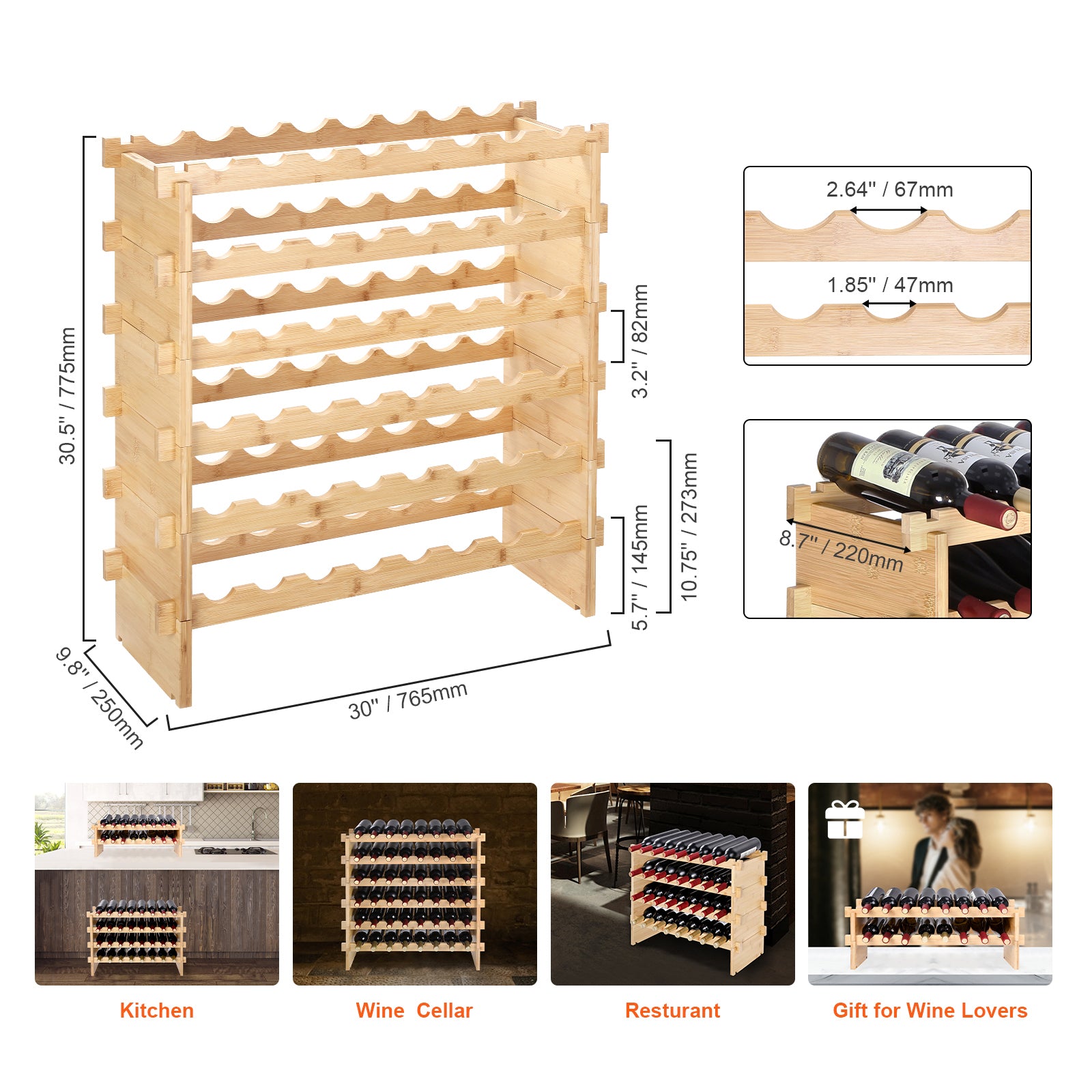 48 Bottle Stackable Modular Wine Rack Bamboo Wood Display Shelf 6-Tier