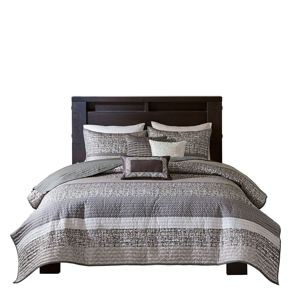 6 Piece Reversible Jacquard Quilt Set with Throw Pillows Grey/Taupe King/Cal King