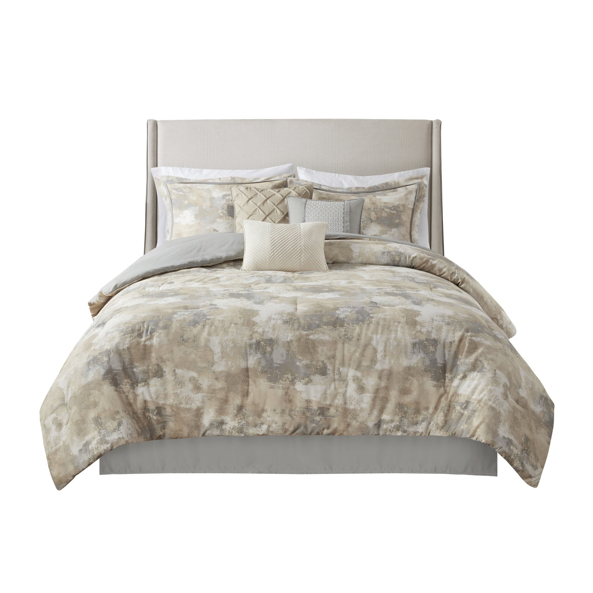 7 Piece Textured Cotton Blend Comforter Set Gray Queen