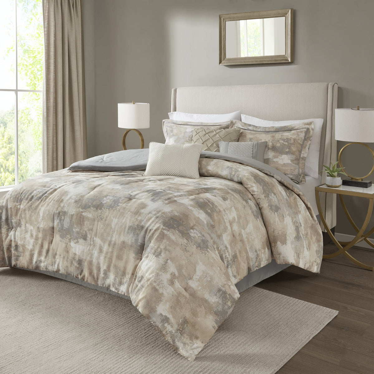 7 Piece Textured Cotton Blend Comforter Set Gray Queen