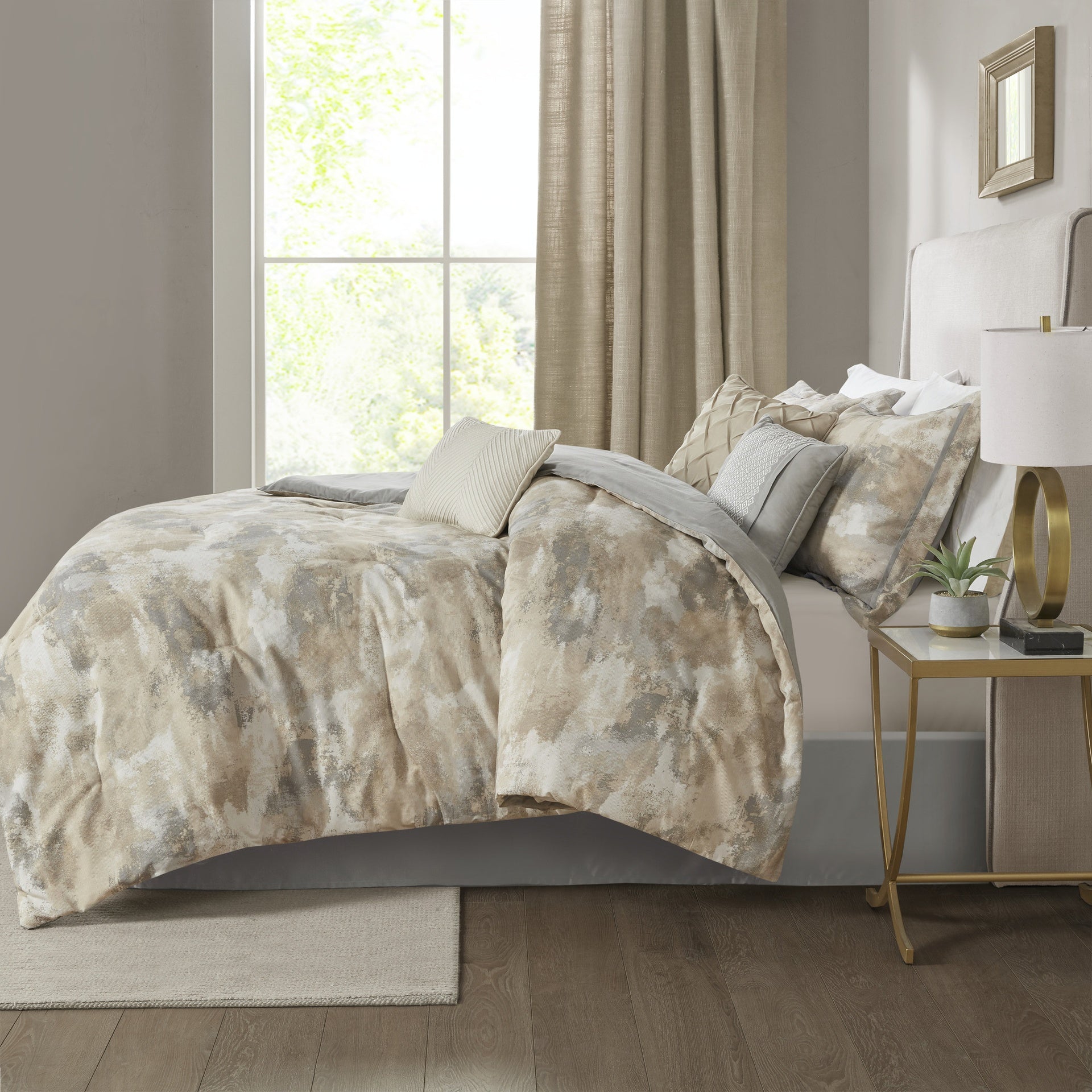 7 Piece Textured Cotton Blend Comforter Set Gray Queen