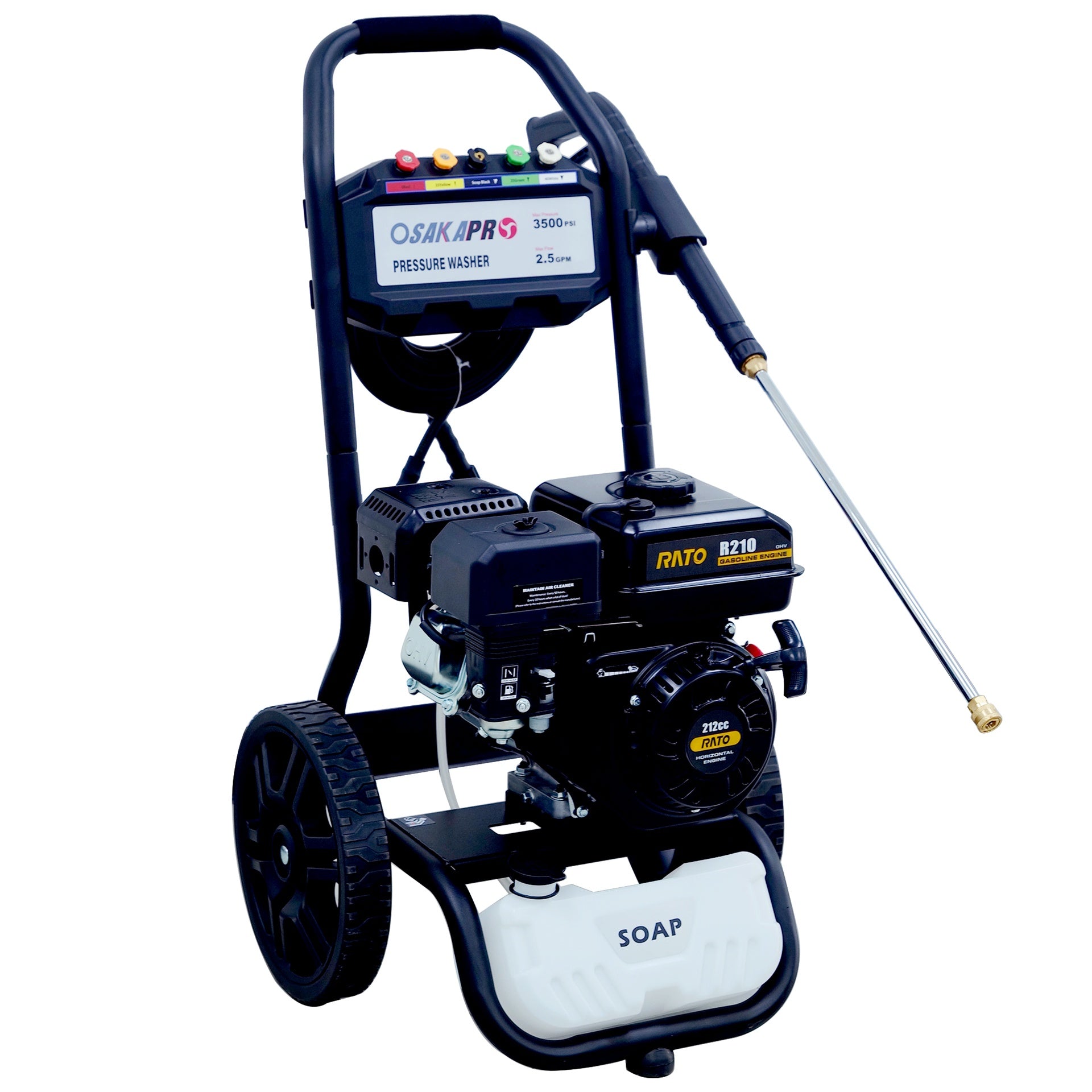 3500PSI Gas Pressure Washer, 2.5GPM Gas Powered High Pressure Washer with 212CC RATO Engine, 5PCS Adjustable Nozzles, Onboard Soap Tank, Spray Gun and Wand, Multi use. Black Color