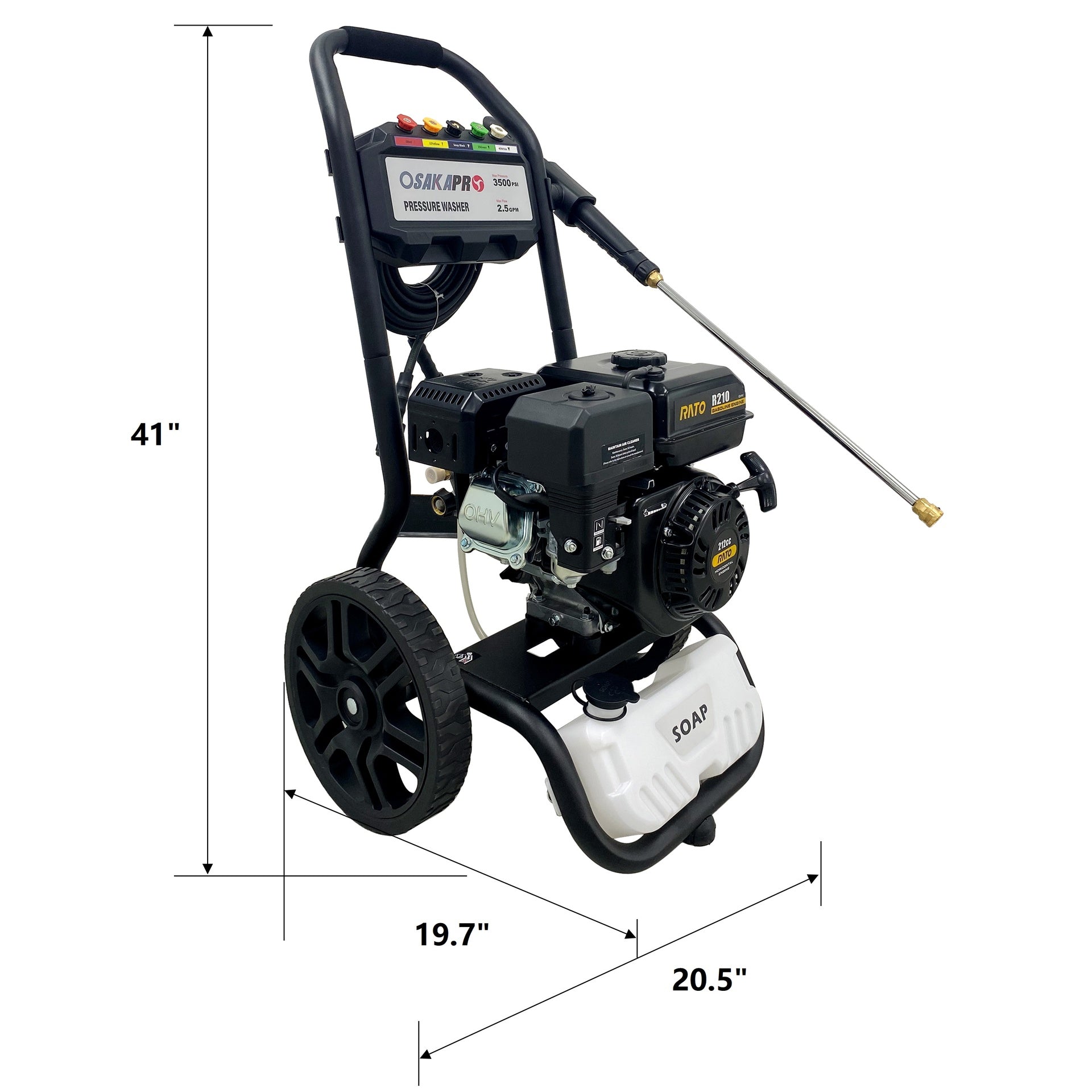 3500PSI Gas Pressure Washer, 2.5GPM Gas Powered High Pressure Washer with 212CC RATO Engine, 5PCS Adjustable Nozzles, Onboard Soap Tank, Spray Gun and Wand, Multi use. Black Color