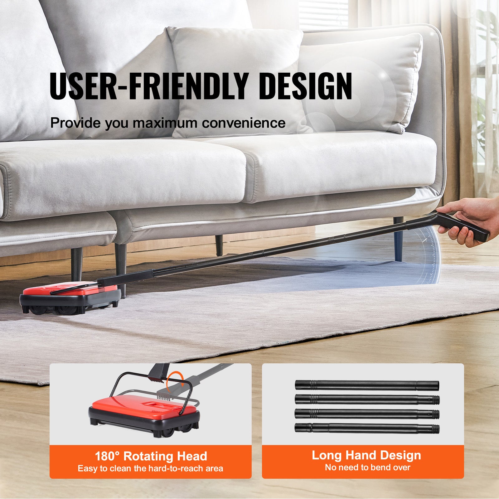 Carpet Sweeper,  6.7  in Sweeping Paths, Floor Sweeper Manual Non Electric, 300 ml Dustbin Capacity with Comb for Home Office Rugs Hardwood Surfaces Wood Floors Laminate, Cleans Dust Pet Hair
