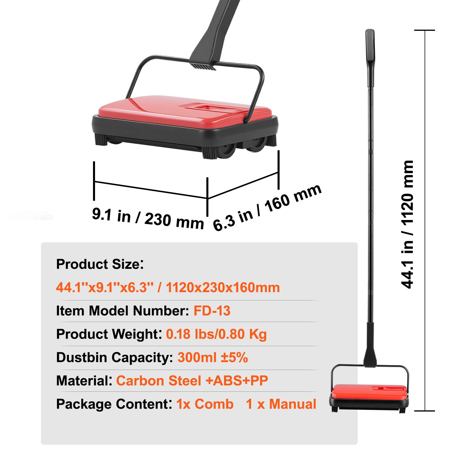 Carpet Sweeper,  6.7  in Sweeping Paths, Floor Sweeper Manual Non Electric, 300 ml Dustbin Capacity with Comb for Home Office Rugs Hardwood Surfaces Wood Floors Laminate, Cleans Dust Pet Hair