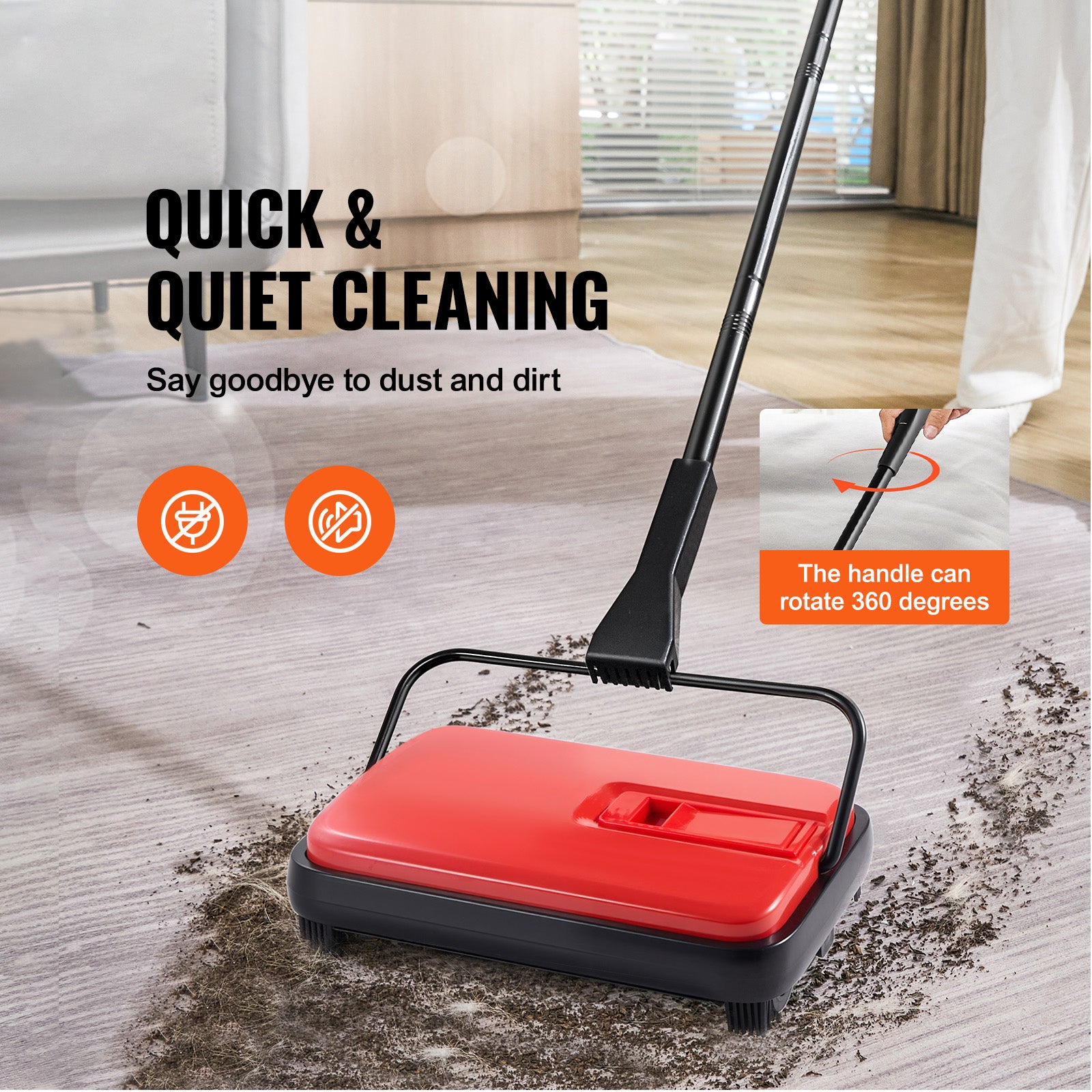 Carpet Sweeper,  6.7  in Sweeping Paths, Floor Sweeper Manual Non Electric, 300 ml Dustbin Capacity with Comb for Home Office Rugs Hardwood Surfaces Wood Floors Laminate, Cleans Dust Pet Hair