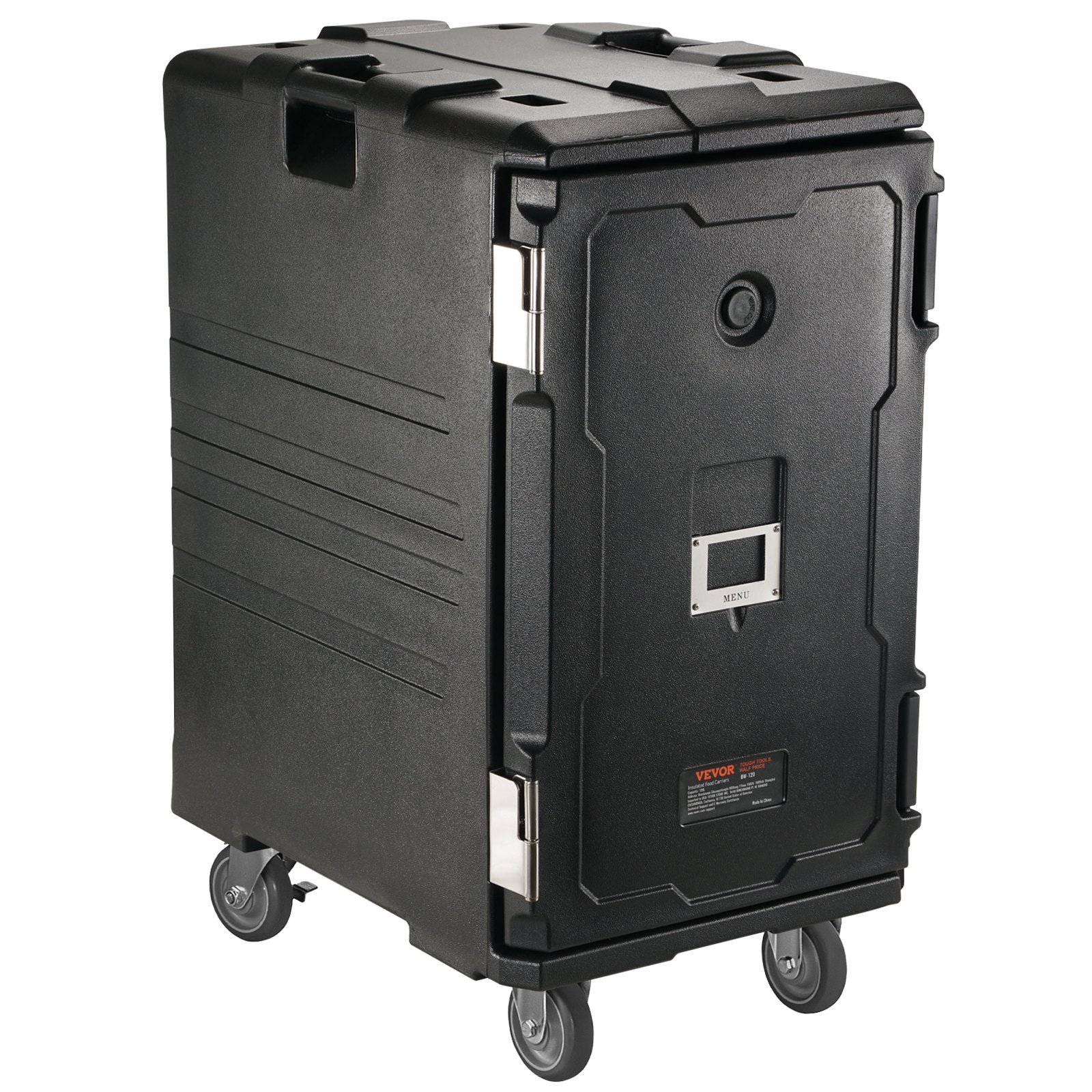 Insulated Food Pan Carrier, 109 Qt Hot Box for Catering, LLDPE Food Box Carrier w/Double Buckles, Front Loading Food Warmer w/Handles, End Loader w/Wheels for Restaurant, Canteen, etc. Black