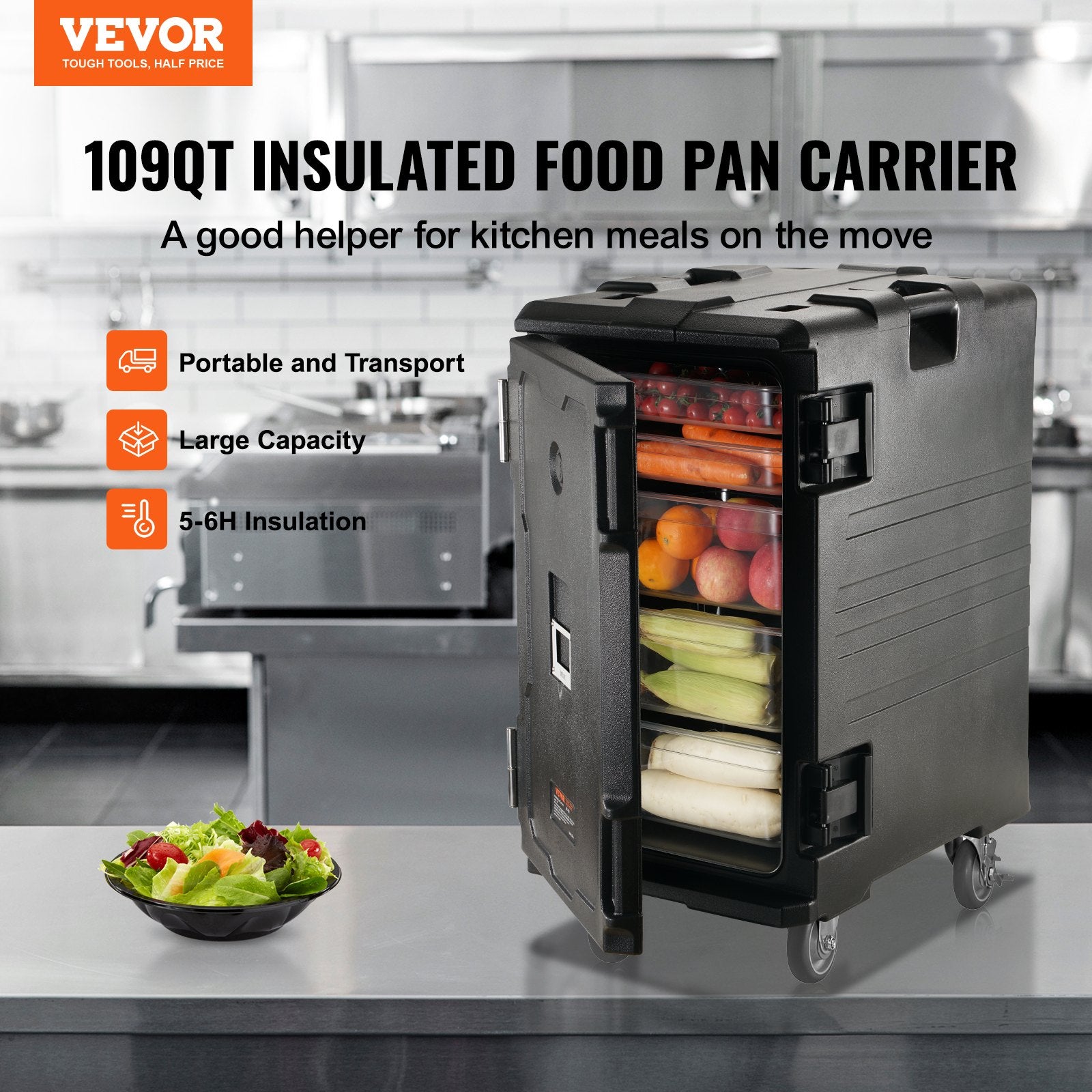 Insulated Food Pan Carrier, 109 Qt Hot Box for Catering, LLDPE Food Box Carrier w/Double Buckles, Front Loading Food Warmer w/Handles, End Loader w/Wheels for Restaurant, Canteen, etc. Black