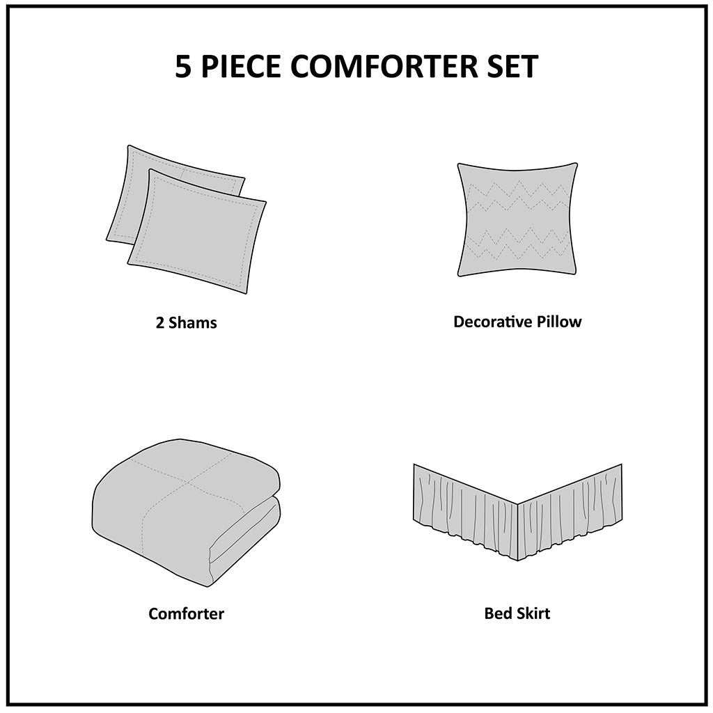 5 Piece Microfiber Ruffled Comforter Set White King