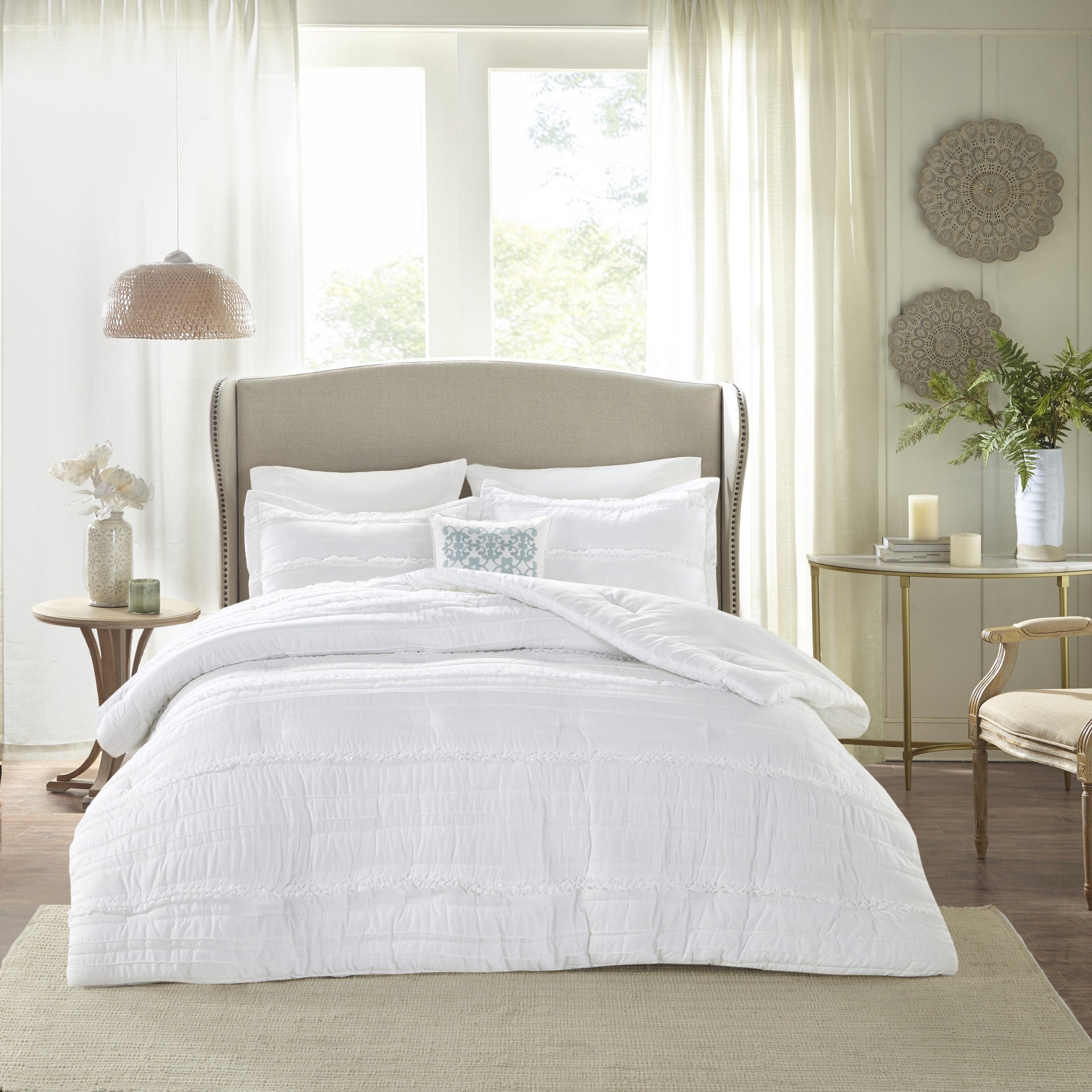5 Piece Microfiber Ruffled Comforter Set White King