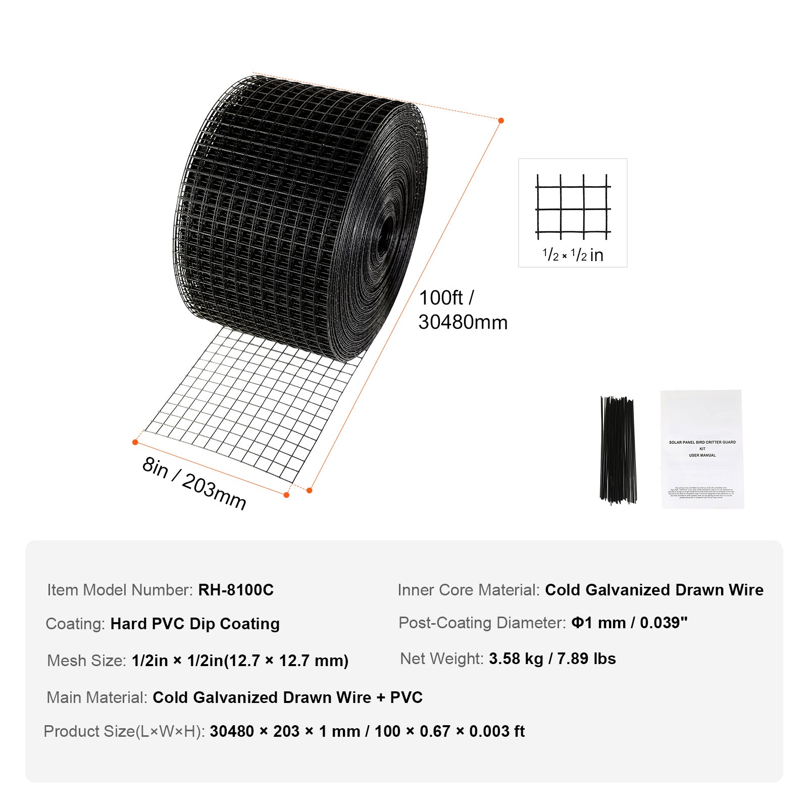 8 inch x 100ft Solar Panel Bird Guard, Critter Guard Roll Kit with Rust-proof PVC Coating, Solar Panel Guard with 50pcs Tire Wires, 1/2 inch Wire Roll Mesh