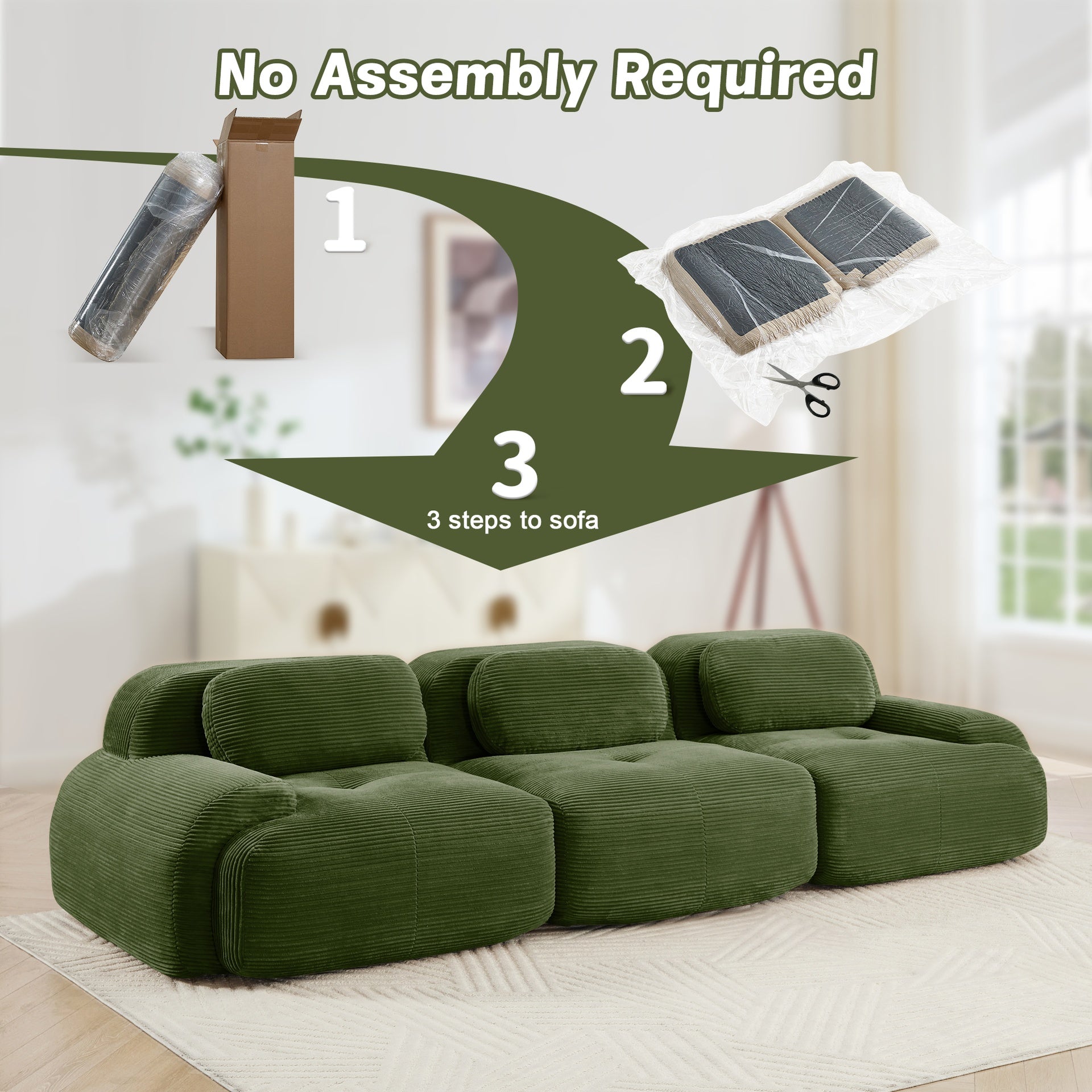 3-seat sofa premiumCorduroy Fabric fabric modular multi-combination anti-slip design no assembly curved armrests ergonomic support high-resilience sponge for living rooms bedrooms,Olive green