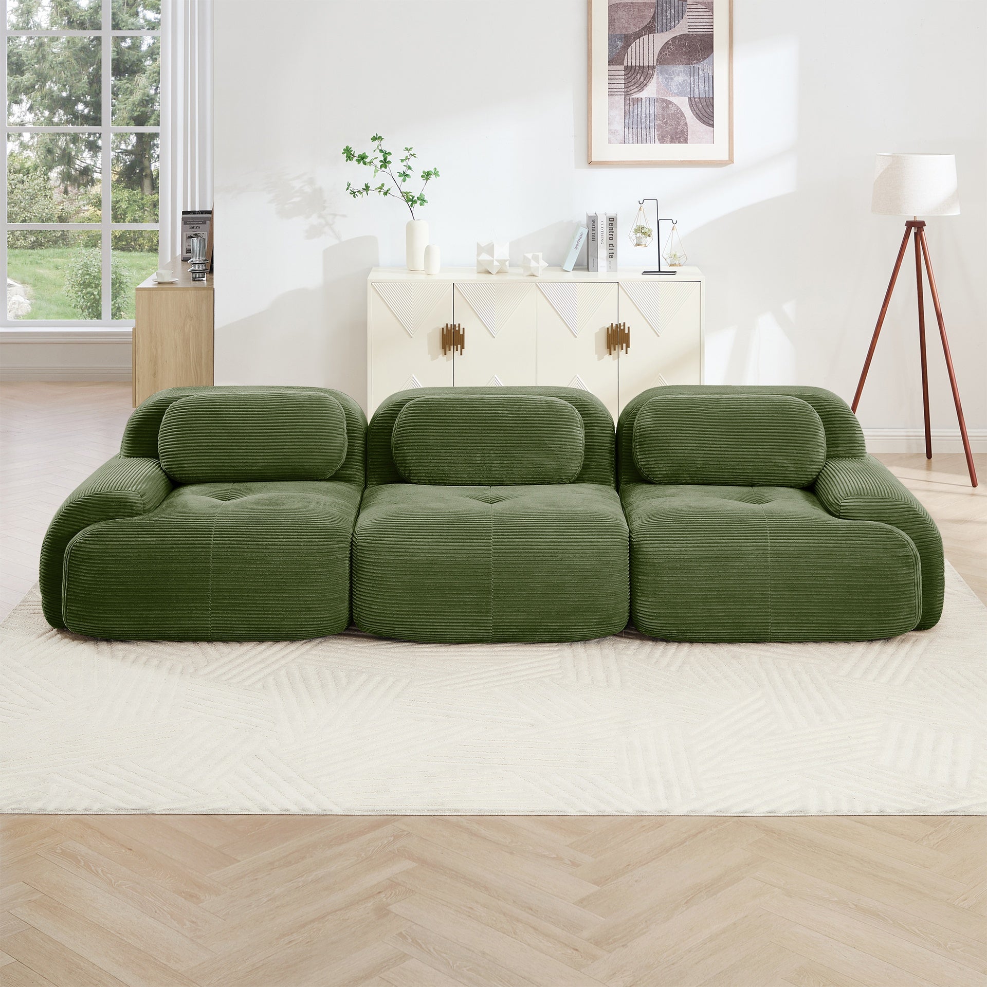 3-seat sofa premiumCorduroy Fabric fabric modular multi-combination anti-slip design no assembly curved armrests ergonomic support high-resilience sponge for living rooms bedrooms,Olive green