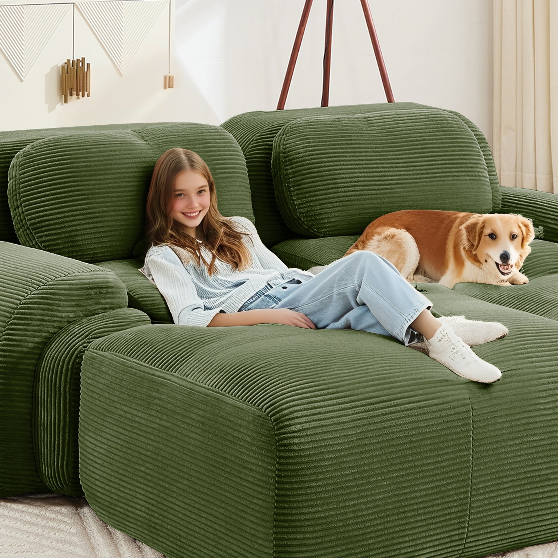 3-seat sofa premiumCorduroy Fabric fabric modular multi-combination anti-slip design no assembly curved armrests ergonomic support high-resilience sponge for living rooms bedrooms,Olive green