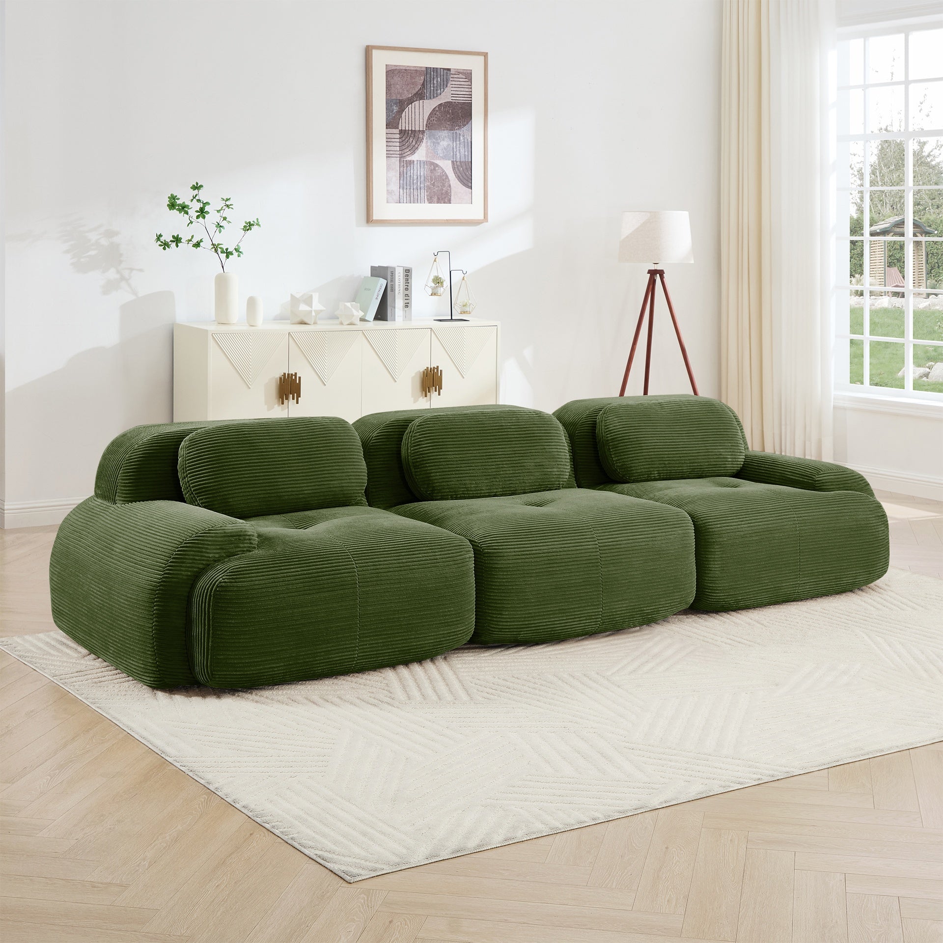 3-seat sofa premiumCorduroy Fabric fabric modular multi-combination anti-slip design no assembly curved armrests ergonomic support high-resilience sponge for living rooms bedrooms,Olive green