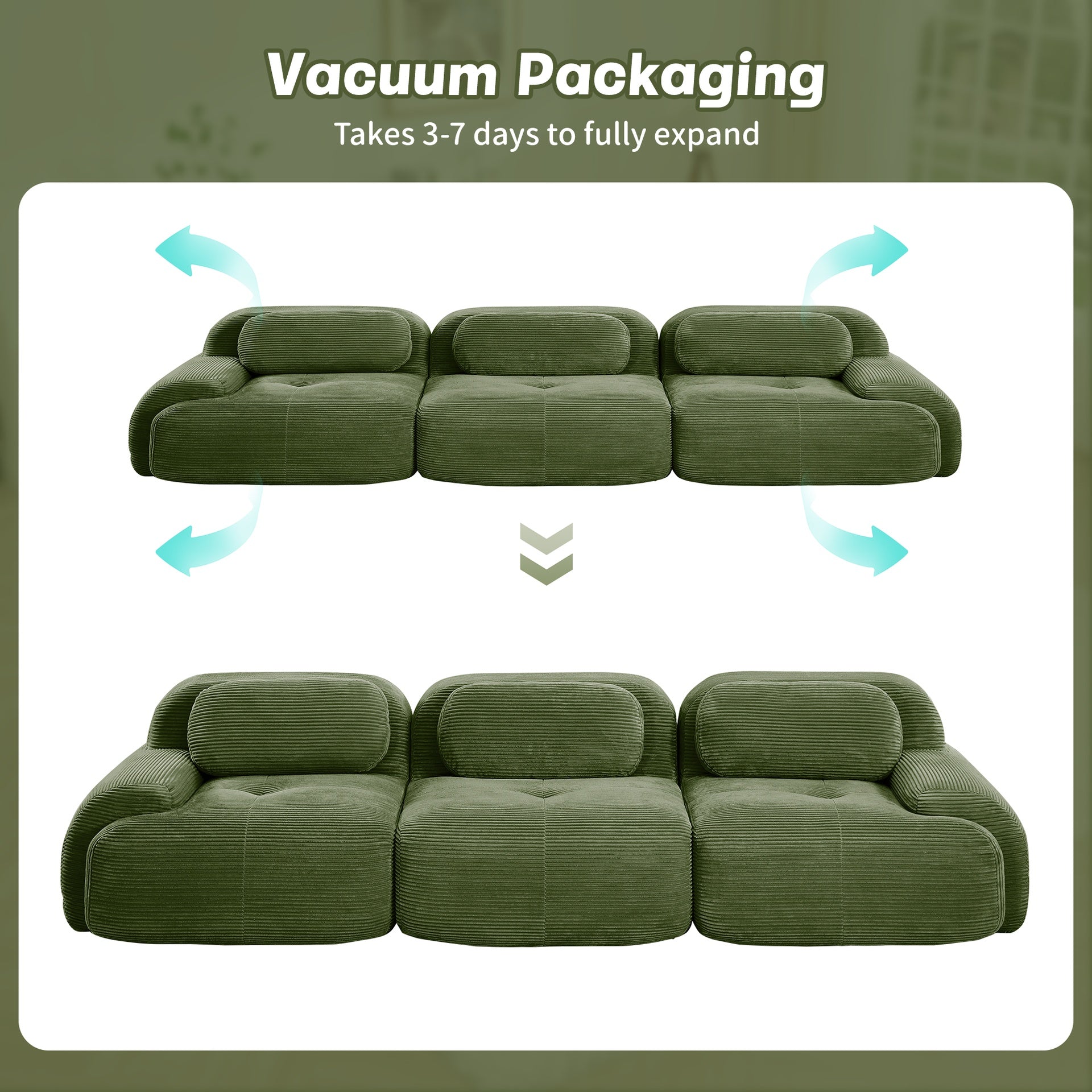 3-seat sofa premiumCorduroy Fabric fabric modular multi-combination anti-slip design no assembly curved armrests ergonomic support high-resilience sponge for living rooms bedrooms,Olive green