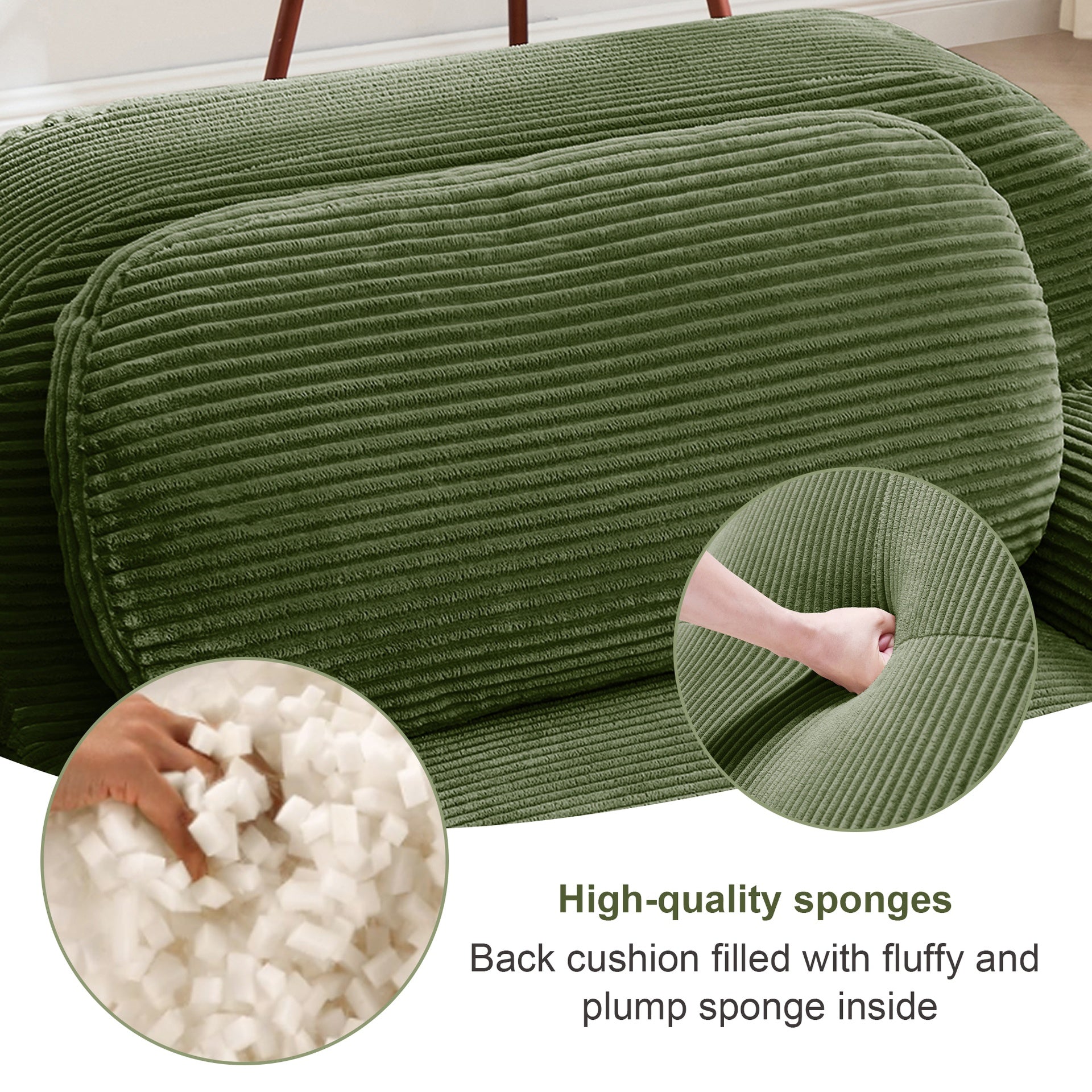 L-shaped modular sofa no assembly ergonomic design pet-friendly luxuryCorduroy Fabric fabric extra-wide curved armrests 32D high-resilience sponge for living rooms bedroom ,Olive green