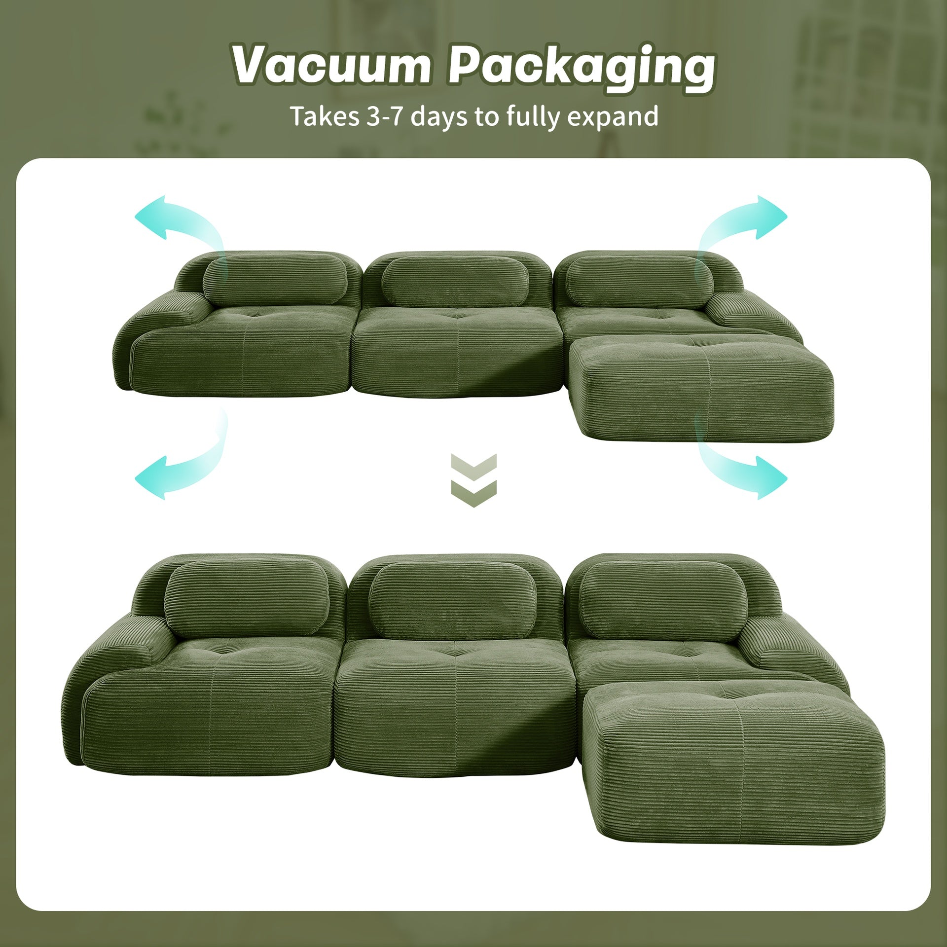 L-shaped modular sofa no assembly ergonomic design pet-friendly luxuryCorduroy Fabric fabric extra-wide curved armrests 32D high-resilience sponge for living rooms bedroom ,Olive green